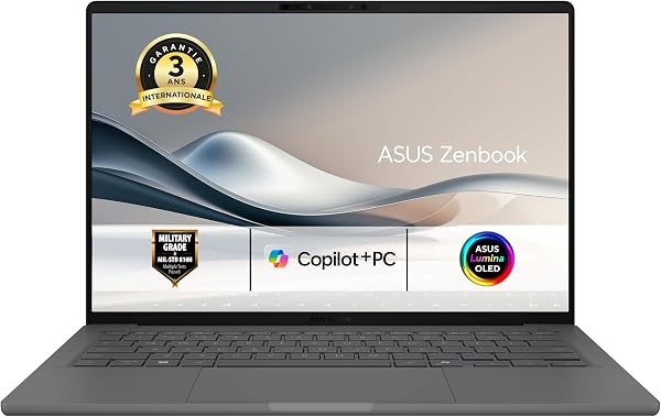 ASUS Zenbook A14 UX3407 ultra-léger fermé et ouvert, châssis Ceraluminum clair et dalle OLED 14 pouces