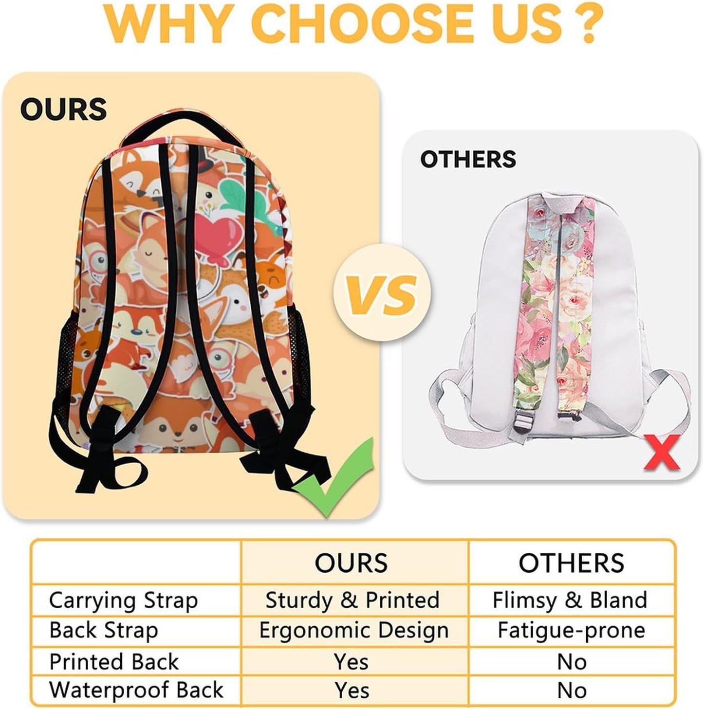 Fox Backpack for Girls Boys, 16 Inch Orange Backpacks for School, Cute Lightweight Durable Bookbag for Kids