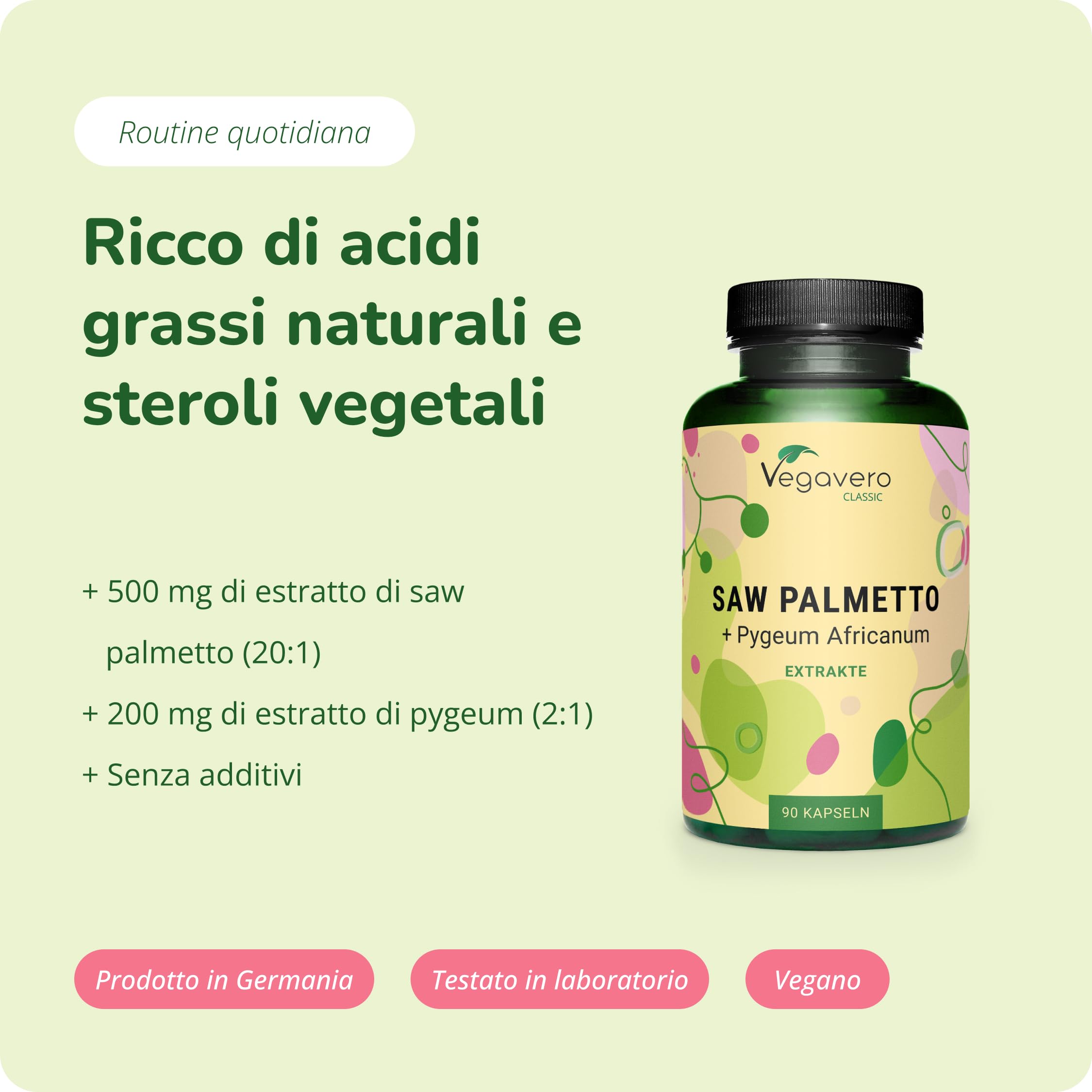 SAW PALMETTO 10.000 mg | con Pygeum Africanum | Serenoa Repens ad Alto Dosaggio | con Acidi Grassi e Steroli | Salute della Prostata e Capelli | 90 capsule | Vegan | Vegavero®