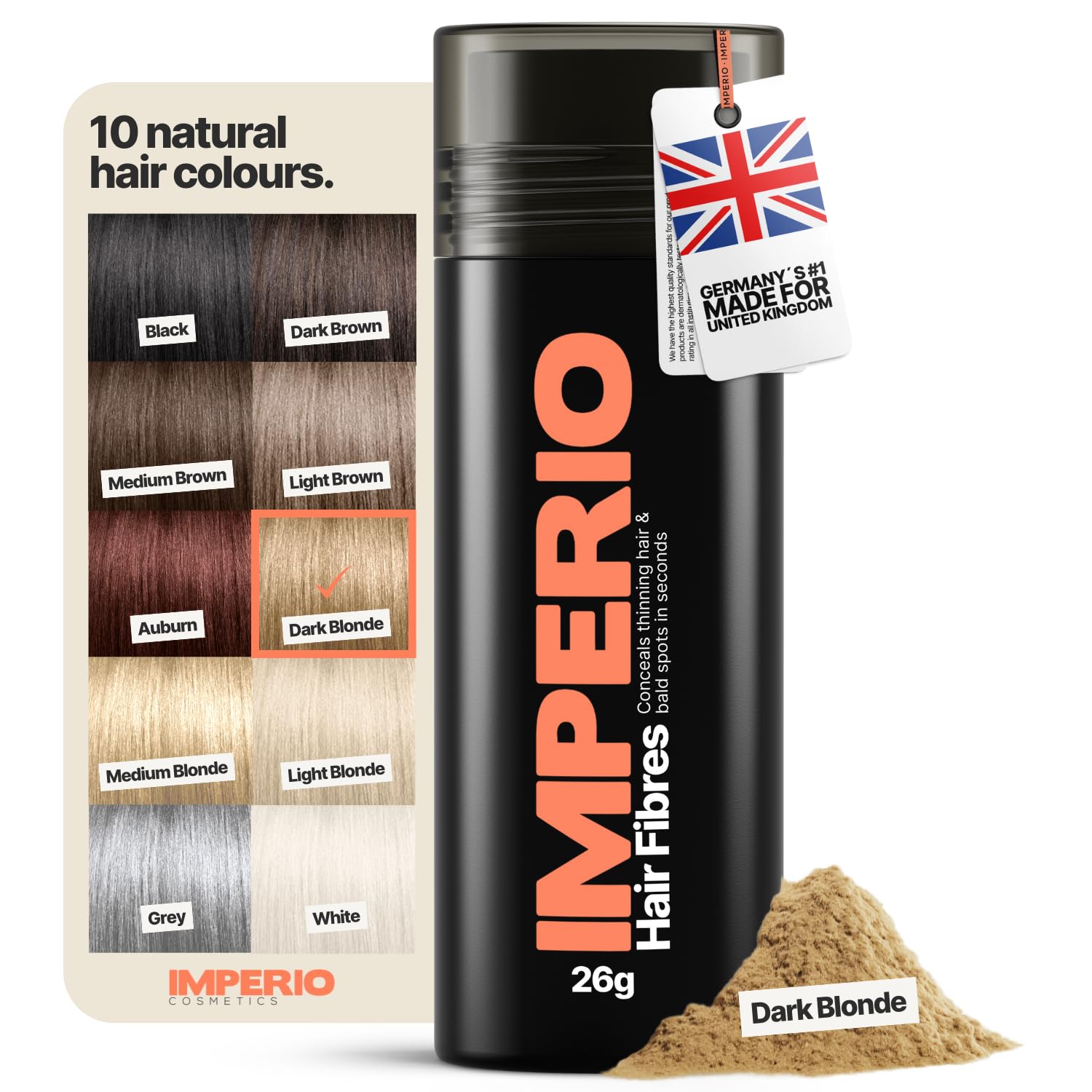 IMPERIO Hair Fibres for Thickening & Full Hair in Seconds. Shake-on hair filler for an Authentic Look. 100% Natural! Premium Salon Quality Hair Building Fibres