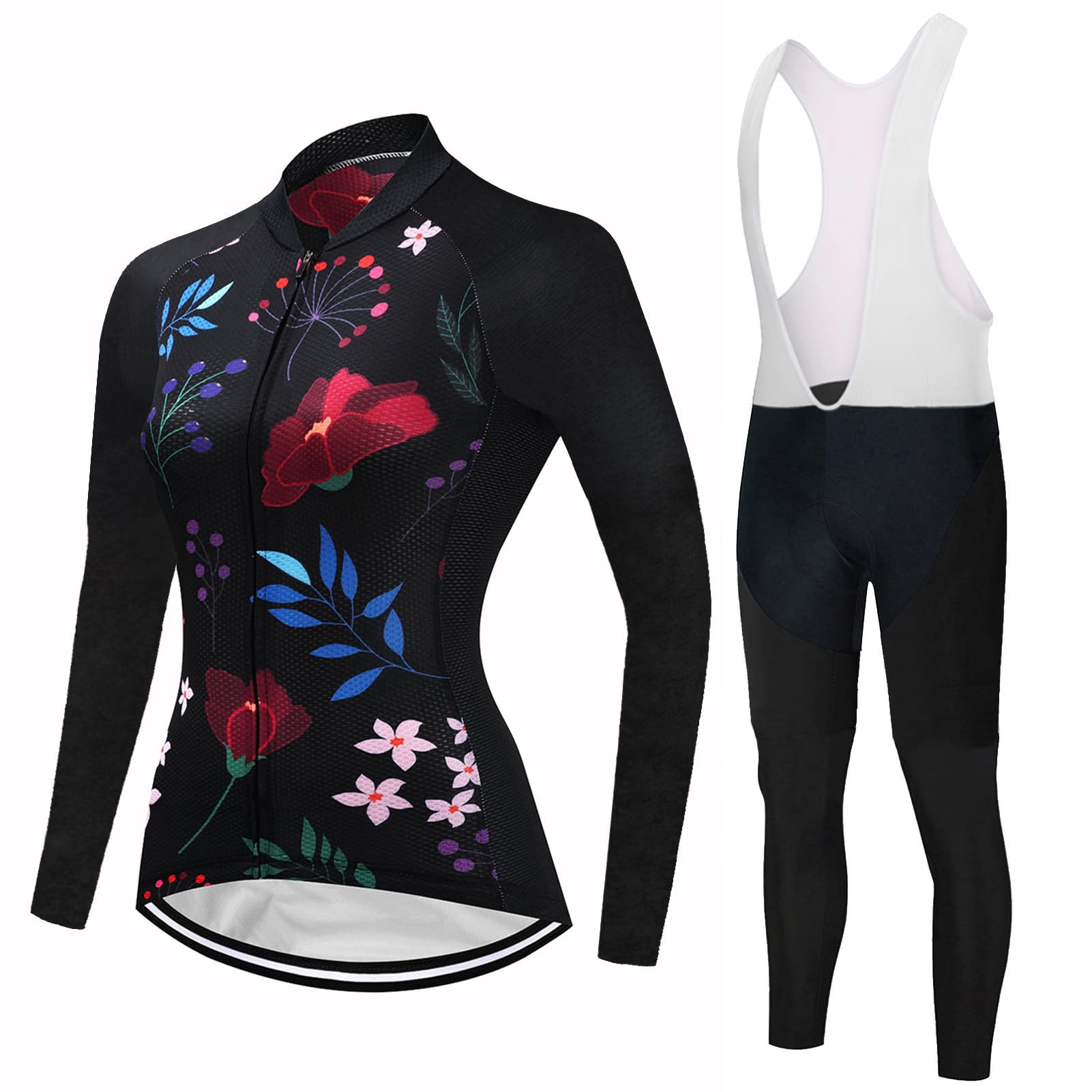 Conjunto Ropa Ciclismo Mujer Traje Ciclista Manga Larga,Maillot Bici MTB Chaquetas y Pantalones Tirantes con 19D Gel Acolchado,Completa Bicicleta BTT Jerseys Primavera Otoño Secado Rápido Transpirable