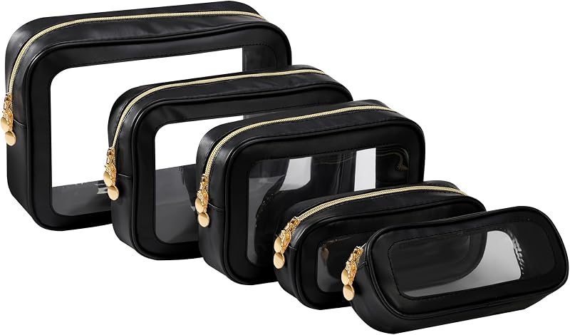 Conjunto com 5 necessaires organizadoras transparentes Cinlanwin com zíper, pretas