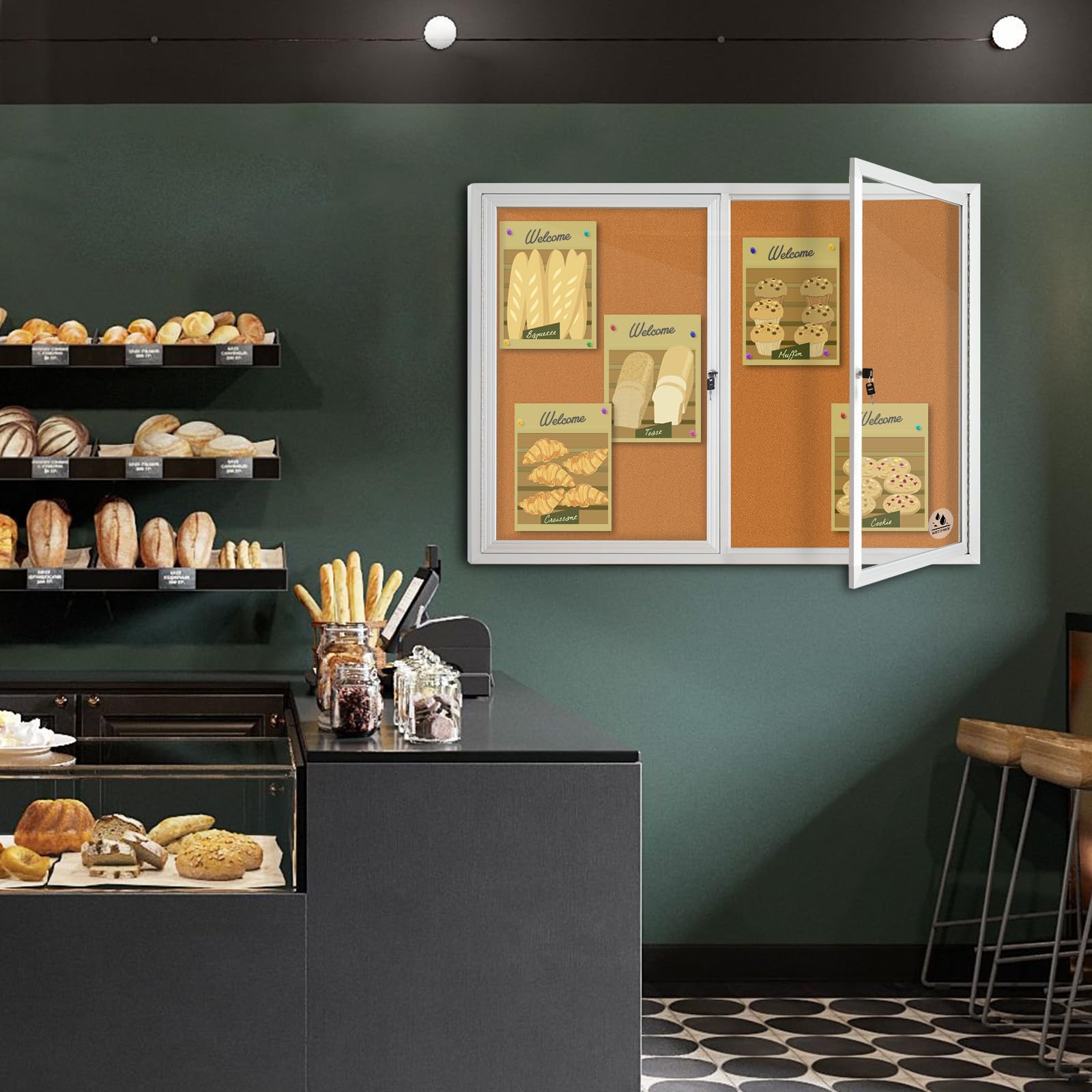 Lockable Outdoor Enclosed Bulletin Board, Weatherproof Cork Noticeboard with Locking Door, Wall-Mounted Aluminum Framed Display Case for Messages (Silver Frame & Cork, 44x32 in)