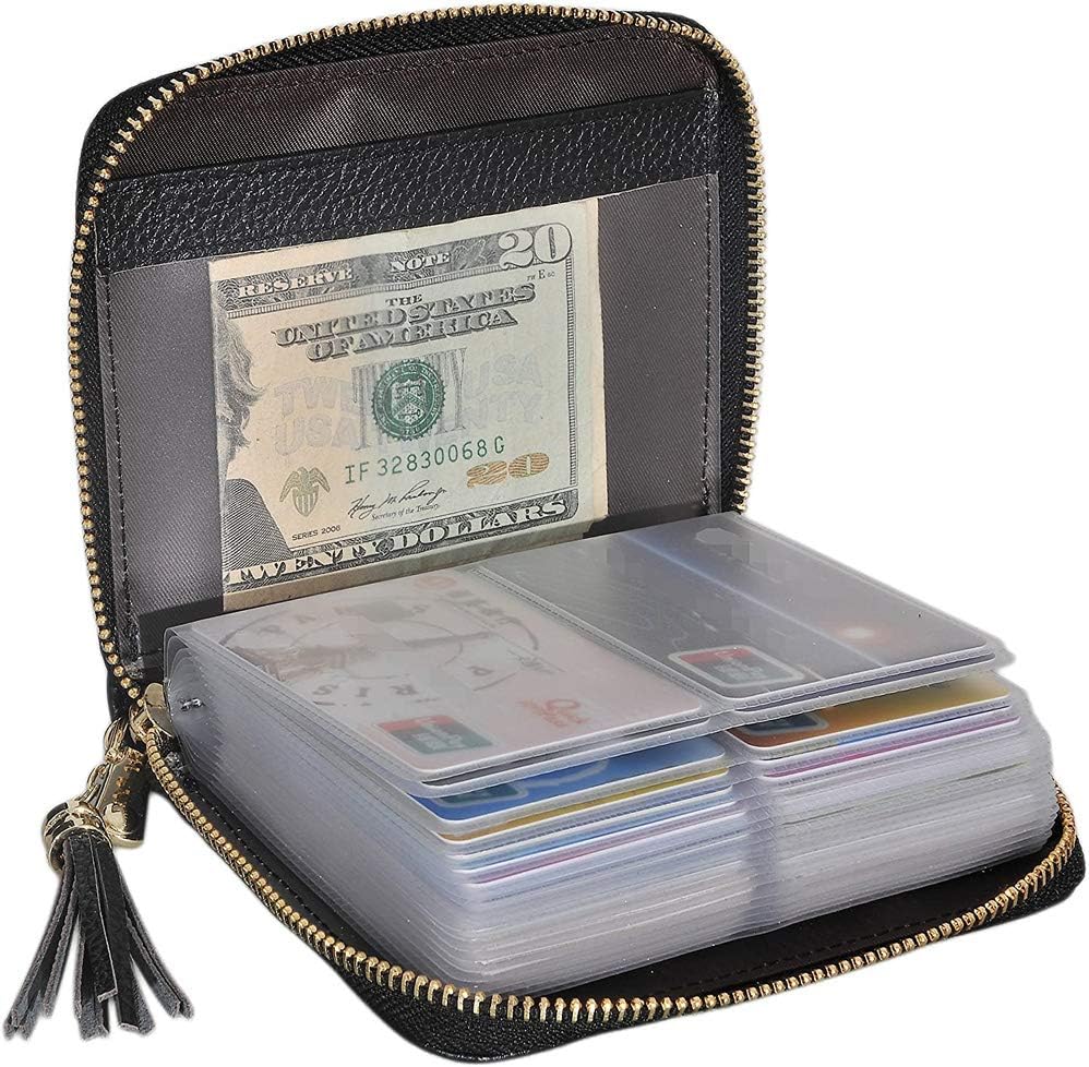 Womens Genuine Leather Zip Credit Card Holder Wallet RFID Blocking 40 Card Slots