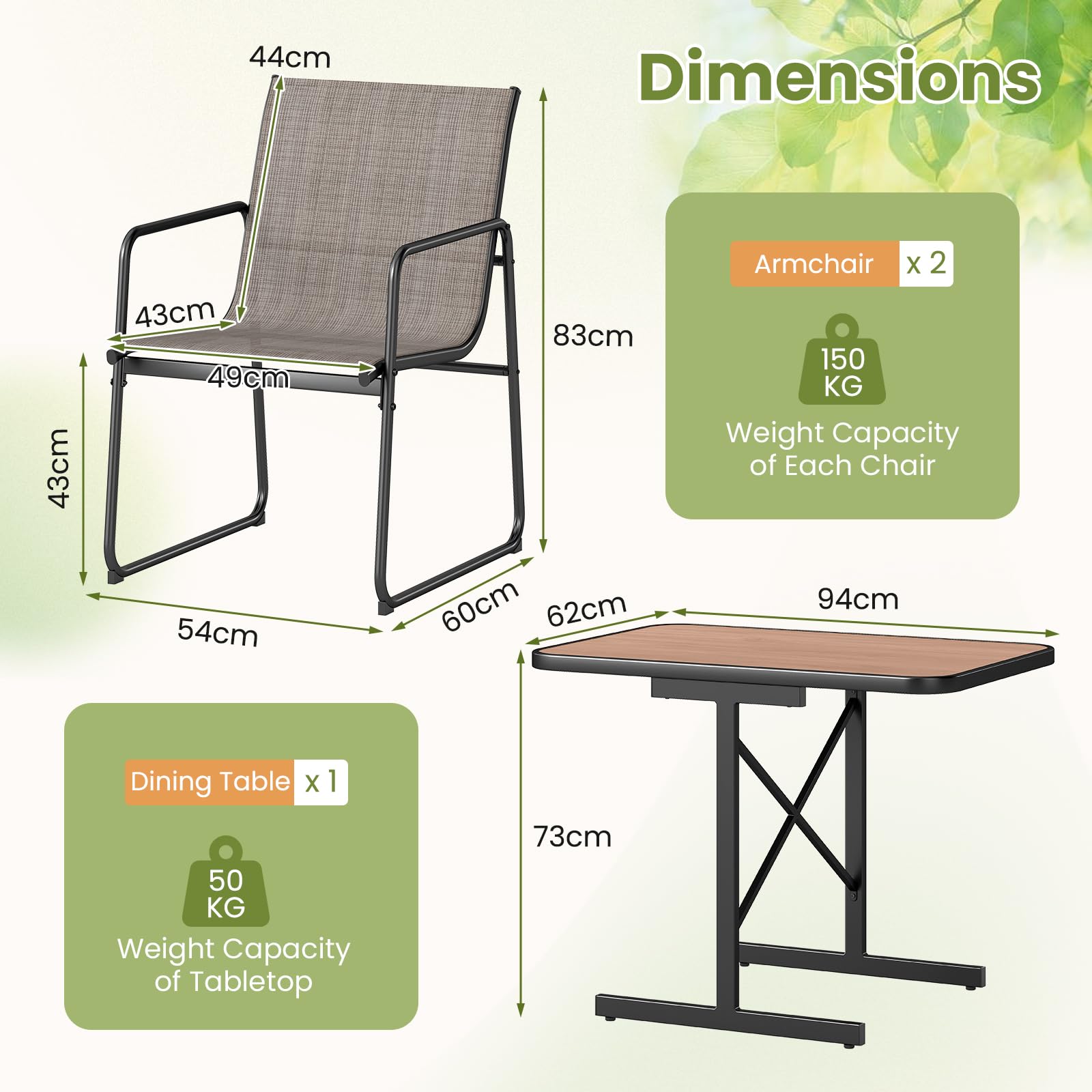 KOMFOTTEU Set di Mobile da Giardino in 3 Pezzi, Set Tavolo e 2 Sedie da Balcone in Tessuto Textilene, Set da Bistrò per Patio, Veranda, Bordo di Piscina, per 2 Persone, Grigio