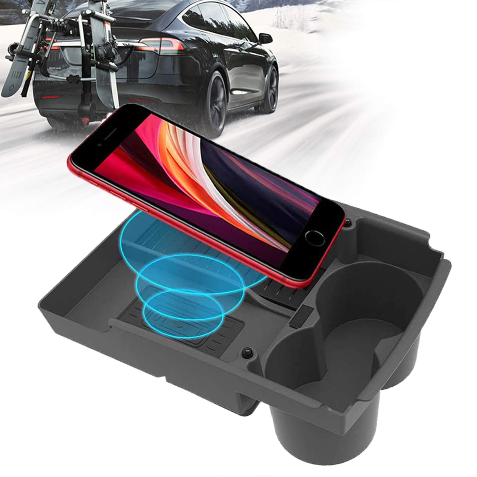 Wireless Car Charger Organizer Box for Tesla Model S/Model X 10W Qi Wireless Phone 3-Coil Charger Pad Console Organizer with Dual Cup Holder and Type-C Cable