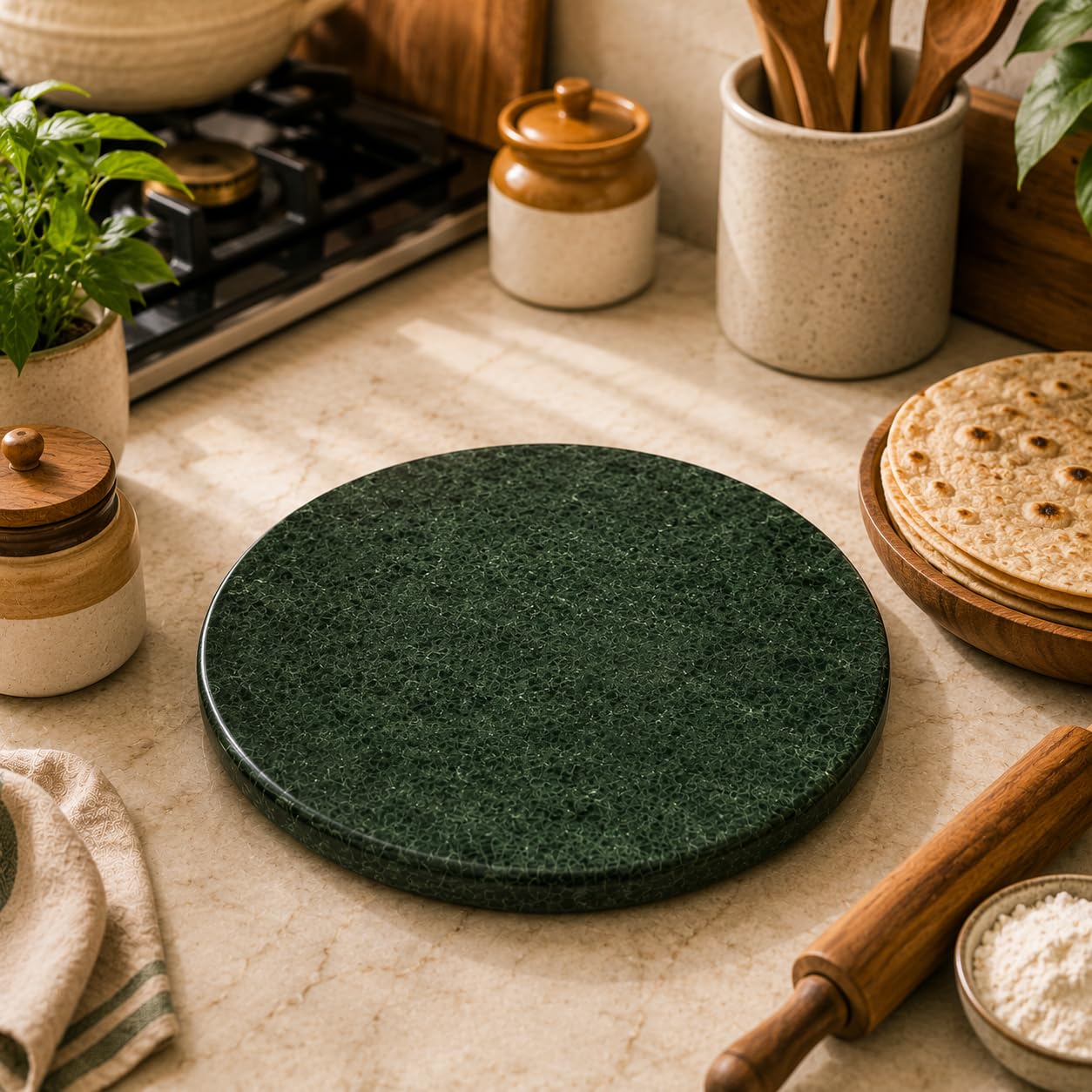 Jaipur Ace 10 Inch Indian Green Marble Chakla | Granite Roti & Chapati Maker Rolling Board with Belan | Polished Marble Board for Roti, Papad & Kitchen Use