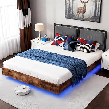LUCKLIFE Floating Bed Frame Queen Size, with Adjustable Headboard and Smart LED Lights, Upholstered Bed Frame with RGB Lights, Modern Metal Bed, Easy Assembly, Under-Bed Storage, Bedroom