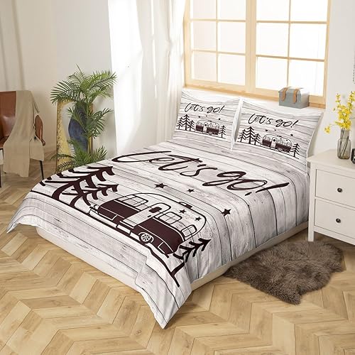 Miniatura 3 de Juego de funda de edredón con temática de campista, juego de ropa de cama de madera beige para niños y niñas, decoración de habitación de niños,