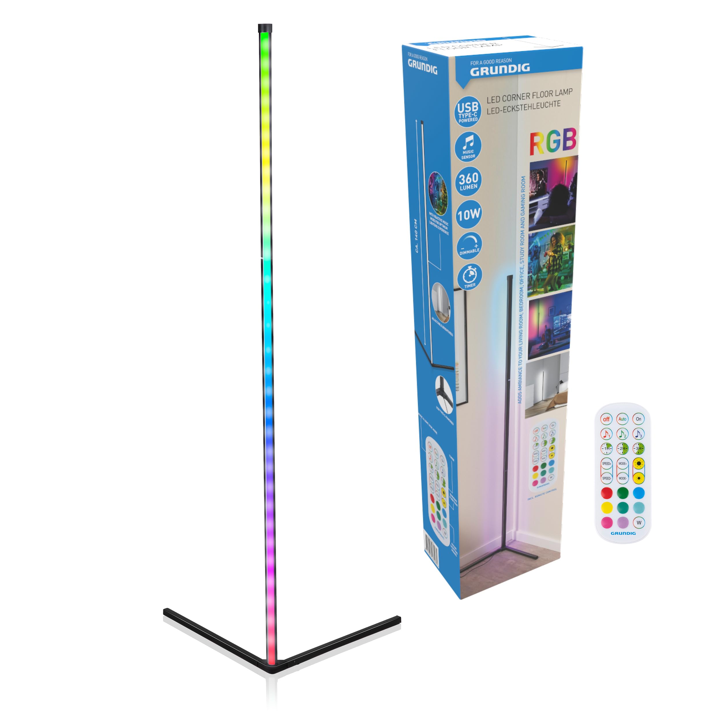 Luz de pie salón LED regulable de 140 cm Grundig para crear ambientes con música