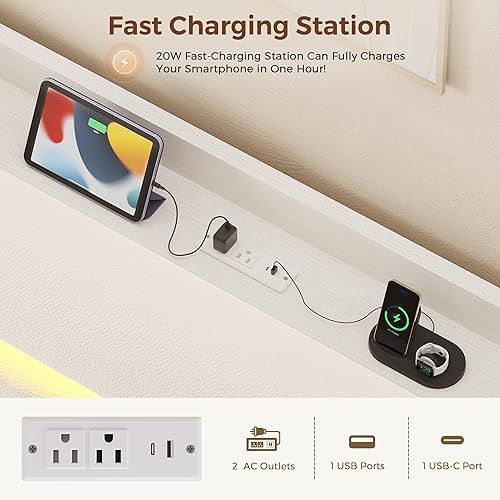 Miniatura 8 de Base de cama Queen con cabecera de almacenamiento, base de cama blanca tapizada tamaño Queen con cajones de almacenamiento y estación de carga, cama