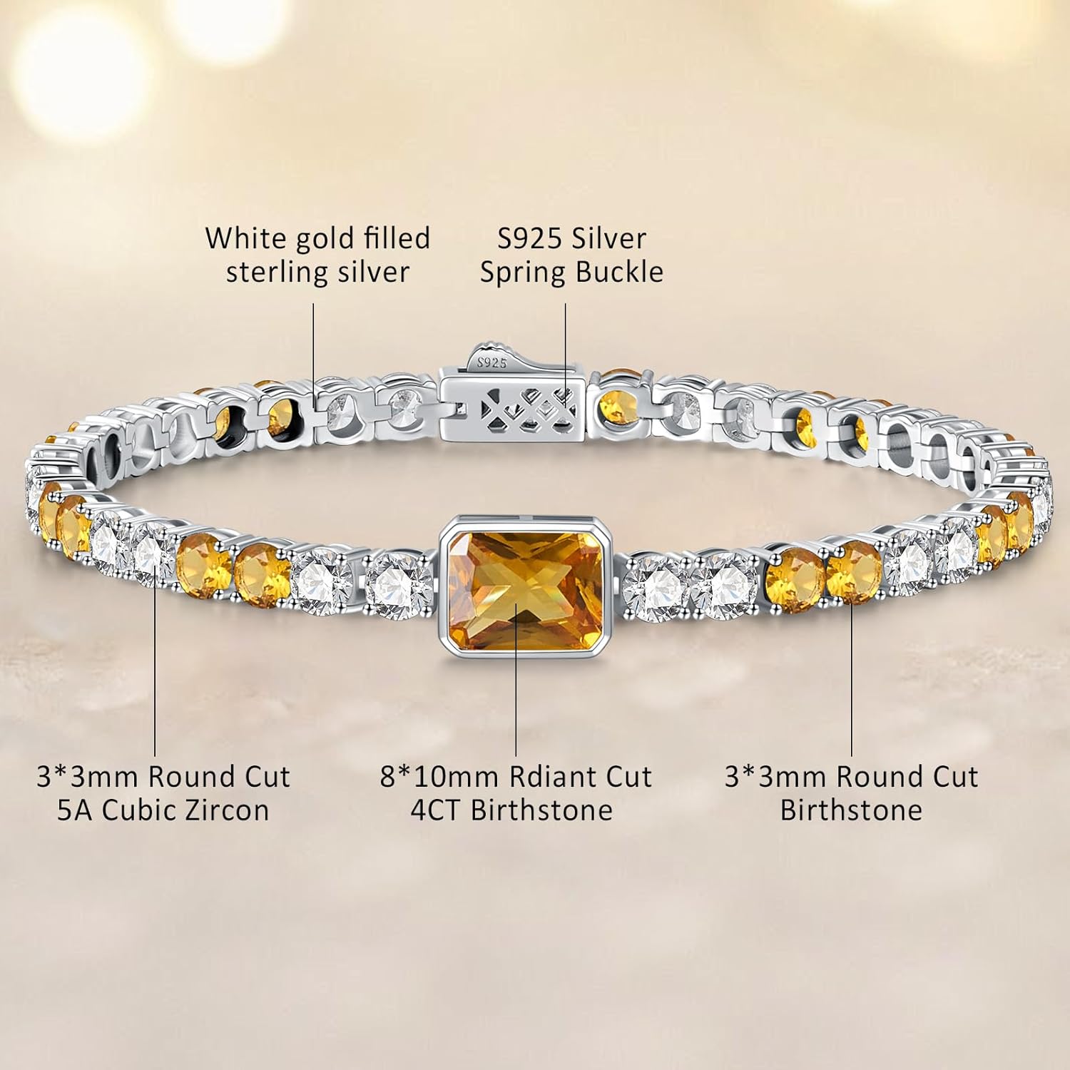 Birthstone Bracelets for Women Birthday Gifts 4CT Radiant Cut Birthstone 4mm Sterling Silver White Gold Tennis Bracelets for Women Round Cut 5A Cubic Zirconia Bezel Setting 7 Inch - Image 5