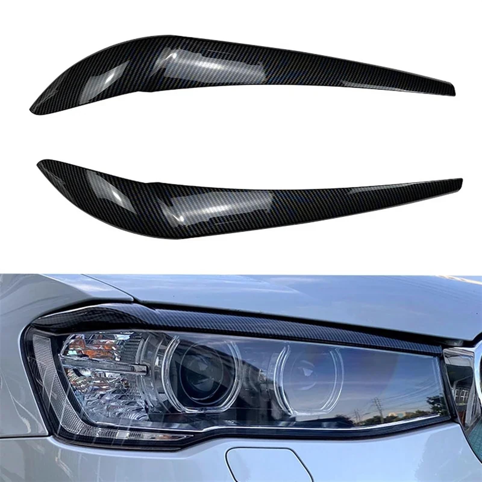 Garniture Sourcil Phare Pour BMW X3 F25 X4 F26 2014-2017 ABS Avant Phare Sourcil Paupière Lampe Lumière Autocollant Accessoires Voiture Brillant Noir Carbone 2 Pièces Paupières Phares Voiture(Carbon F