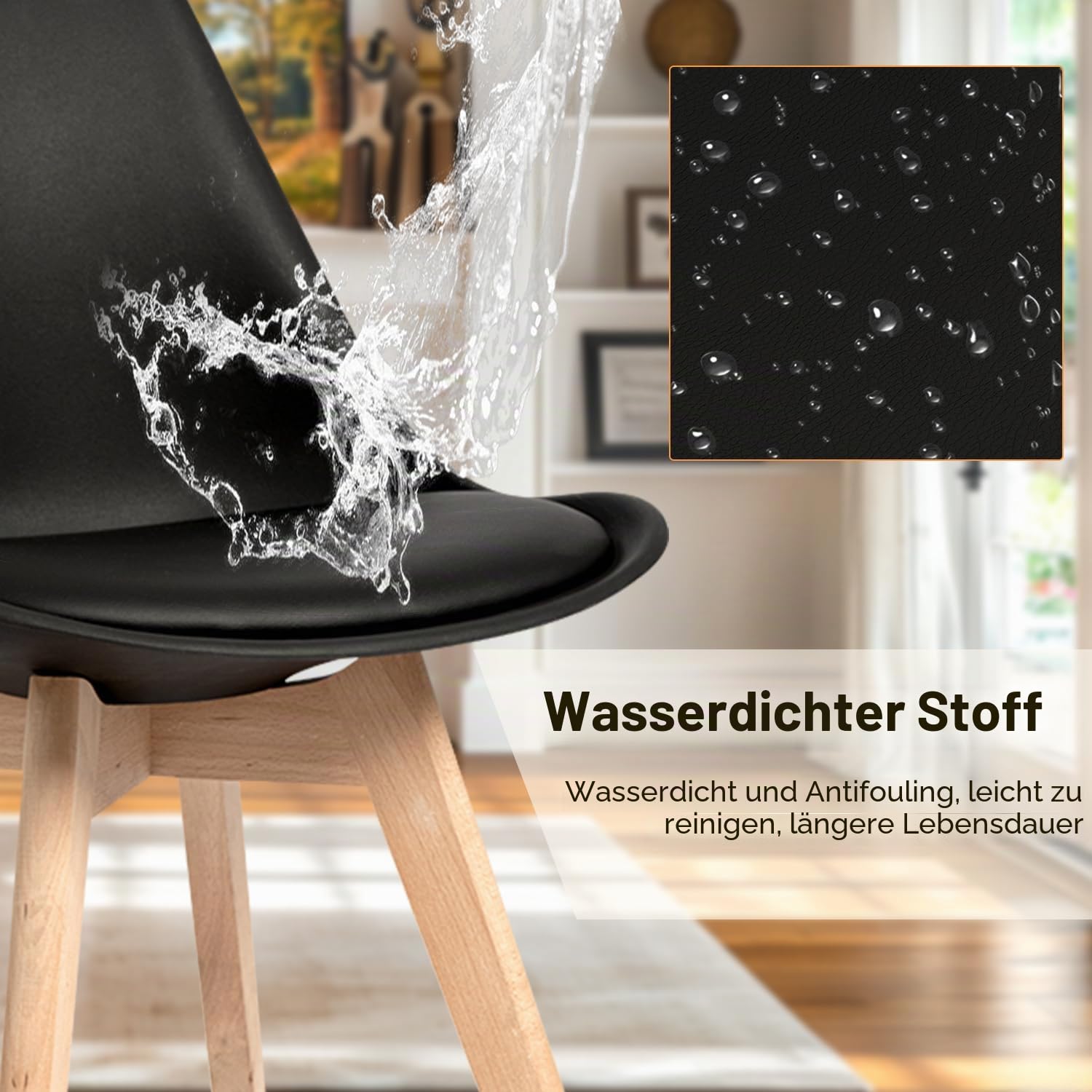 CangLong 4er Set Esszimmerstühle mit Beinen aus massivem Buchenholz, Mid Century Modern Retro Design Polsterstühle für Küche, Esszimmer & Wohnzimmer, Schwarz
