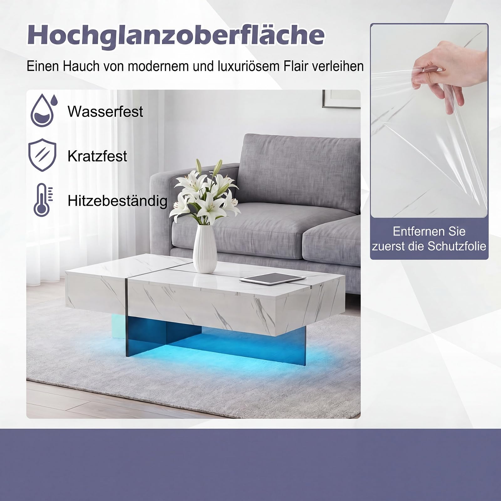 SOARS Mesa de Centro LED, Mesa Auxiliar Brillante con 3 Cajones de Almacenamiento, Iluminación Ajustable y Control Remoto, Mesa de Café Moderna para Salón Sofá, 120 x 70 x 35 cm (Blanco)