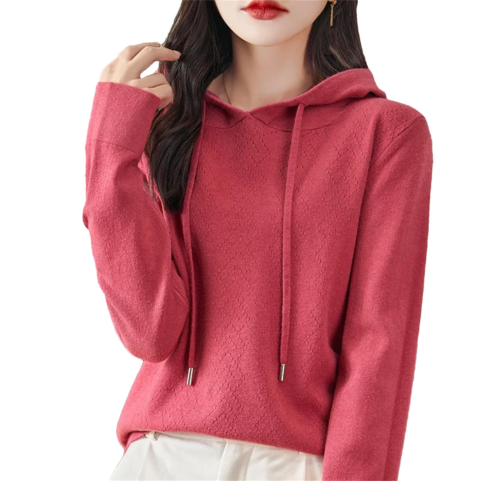 Pullover da donna con cappuccio in cashmere primaverile maglione con cappuccio sciolto felpa con cappuccio a maglia rosso lampone, Rosso lampone., XS