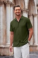 Vista 38 de COOFANDY Camisa casual con botones para hombre, manga corta, sin arrugas, camisa de verano