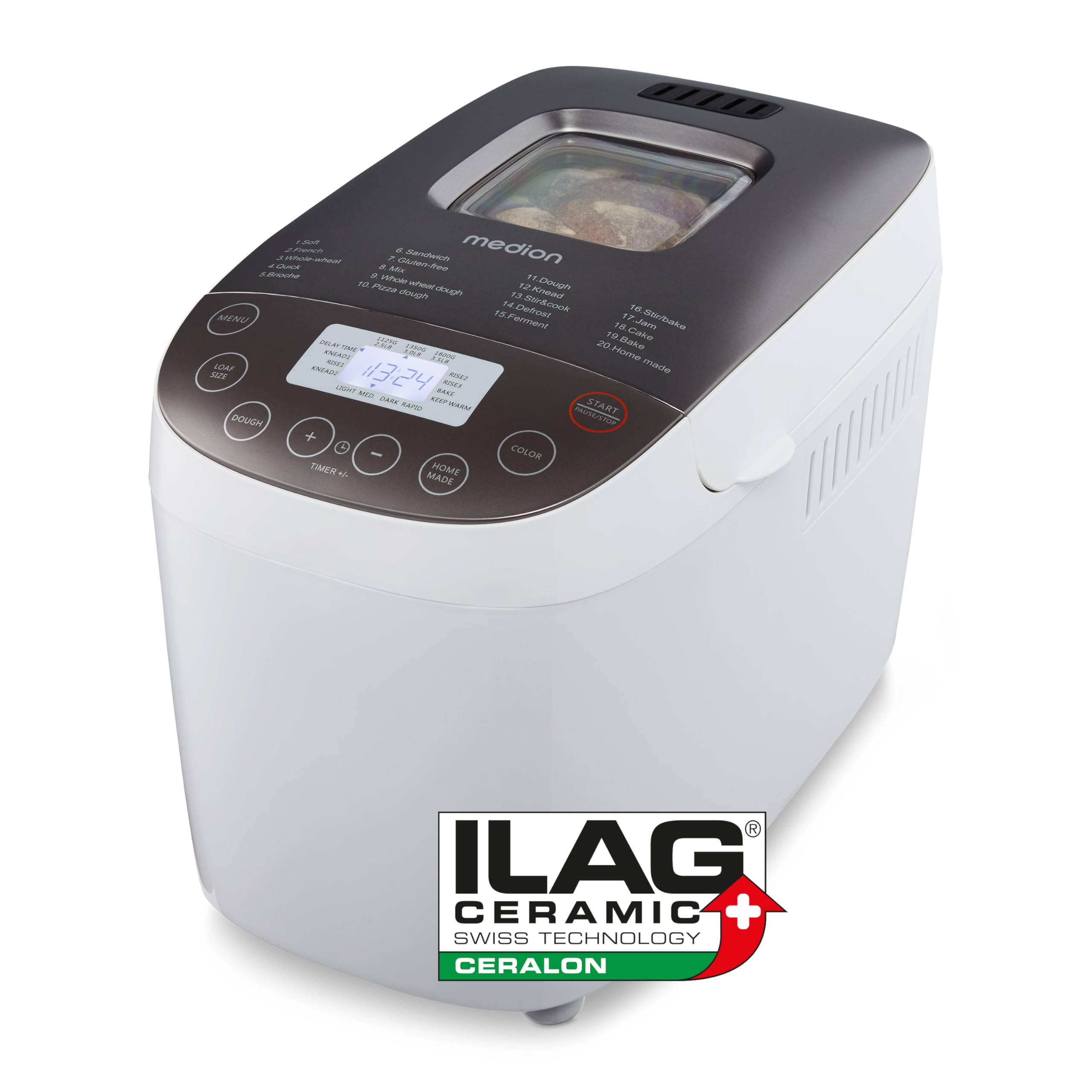 MEDION Machine à pain (machine à pain, 950 watts, jusqu'à 1600 g, 20 programmes de cuisson, 3 degrés de brunissage, fonction maintien au chaud, fenêtre, présélection du temps, MD 12040)
