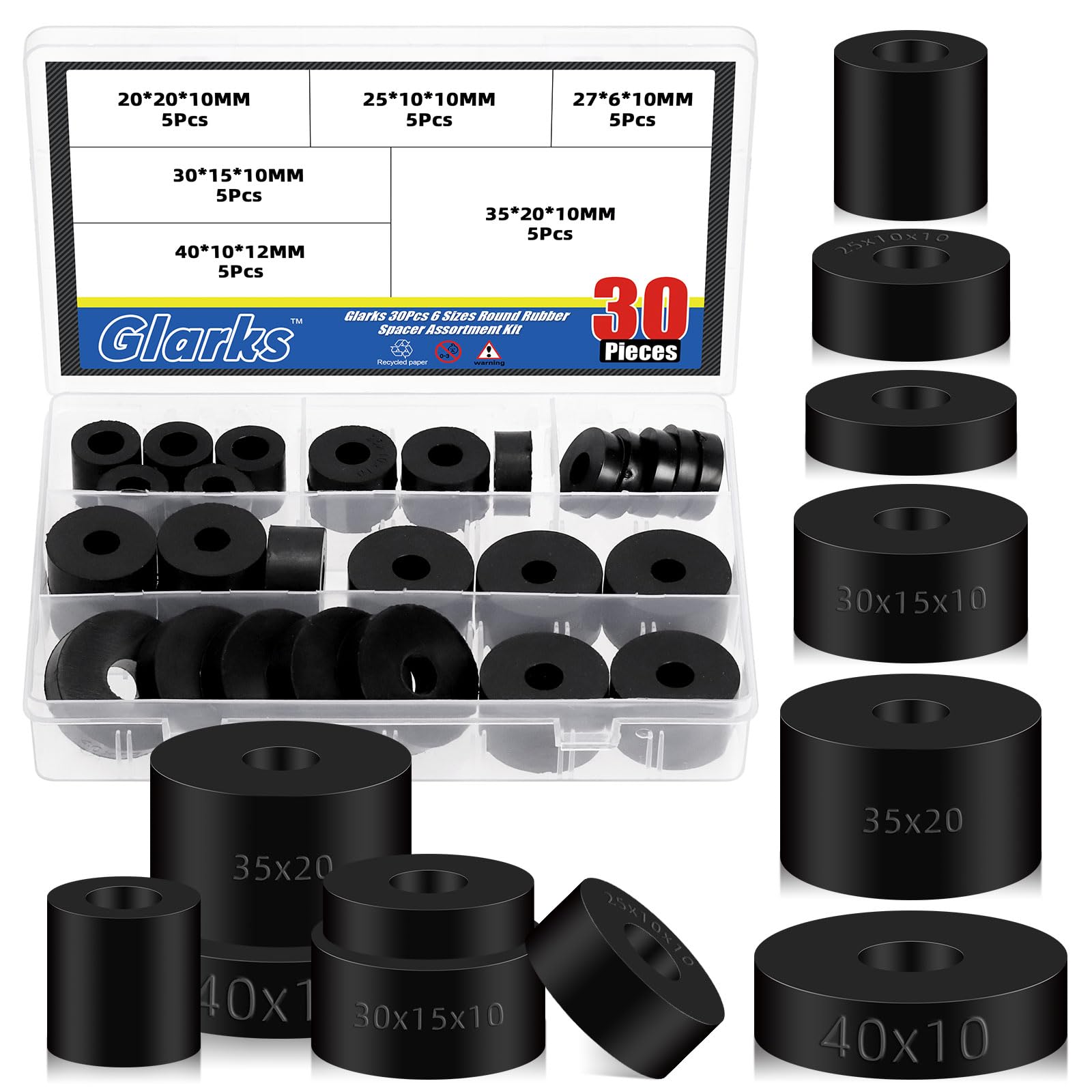 Glarks 30Pcs 6 Size Round Rubber Spacer Assortment Kit, 20mm 25mm 30mm 40mm 27mm 35mm Multi Purpose Thickness Black Rubber Washers Anti Vibration