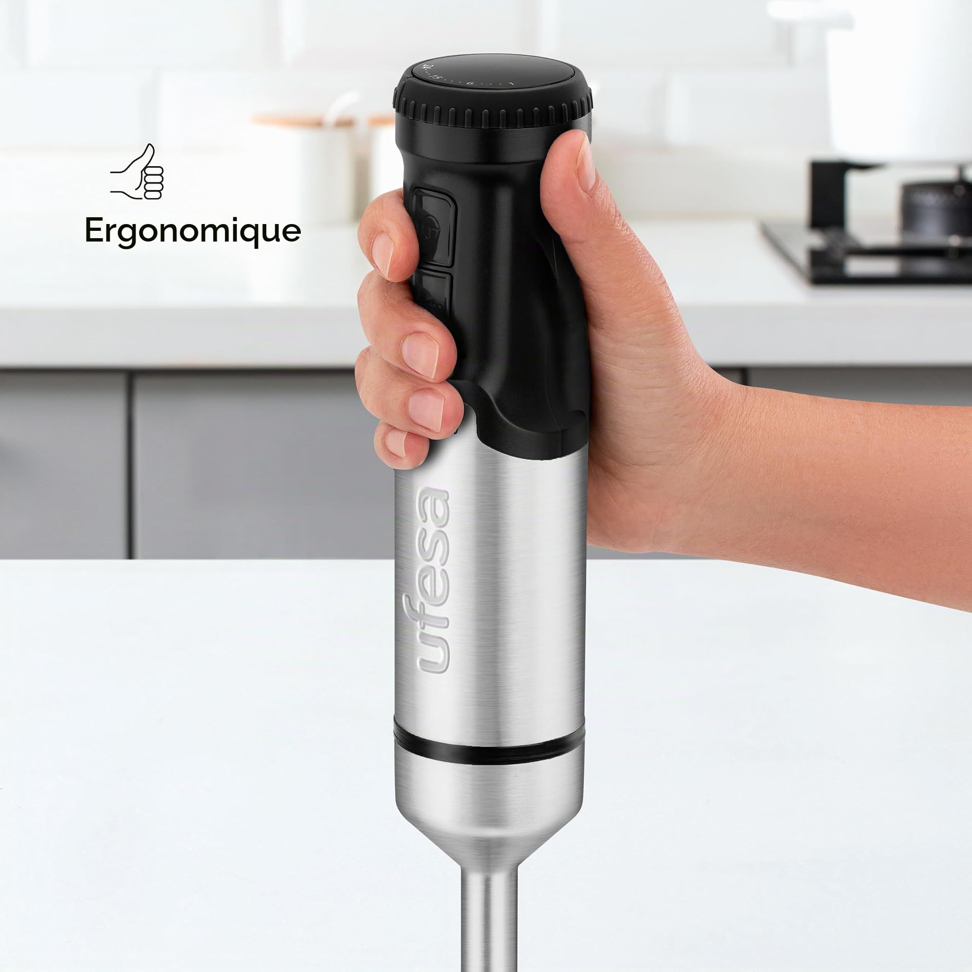 Ufesa Galaxy Mixeur Plongeant, Puissance 1500 W, Contrôle de Vitesse Variable + TURBO, 4 Lames en Acier Inoxydable, Design Ergonomique et Anti-éclaboussures, Verre Doseur, Sans BPA