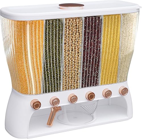 Gdrasuya10 Dispensador de arroz, contenedor de 6 rejillas de cocina con tapa, salida de un solo clic, almacenamiento de alimentos secos con taza