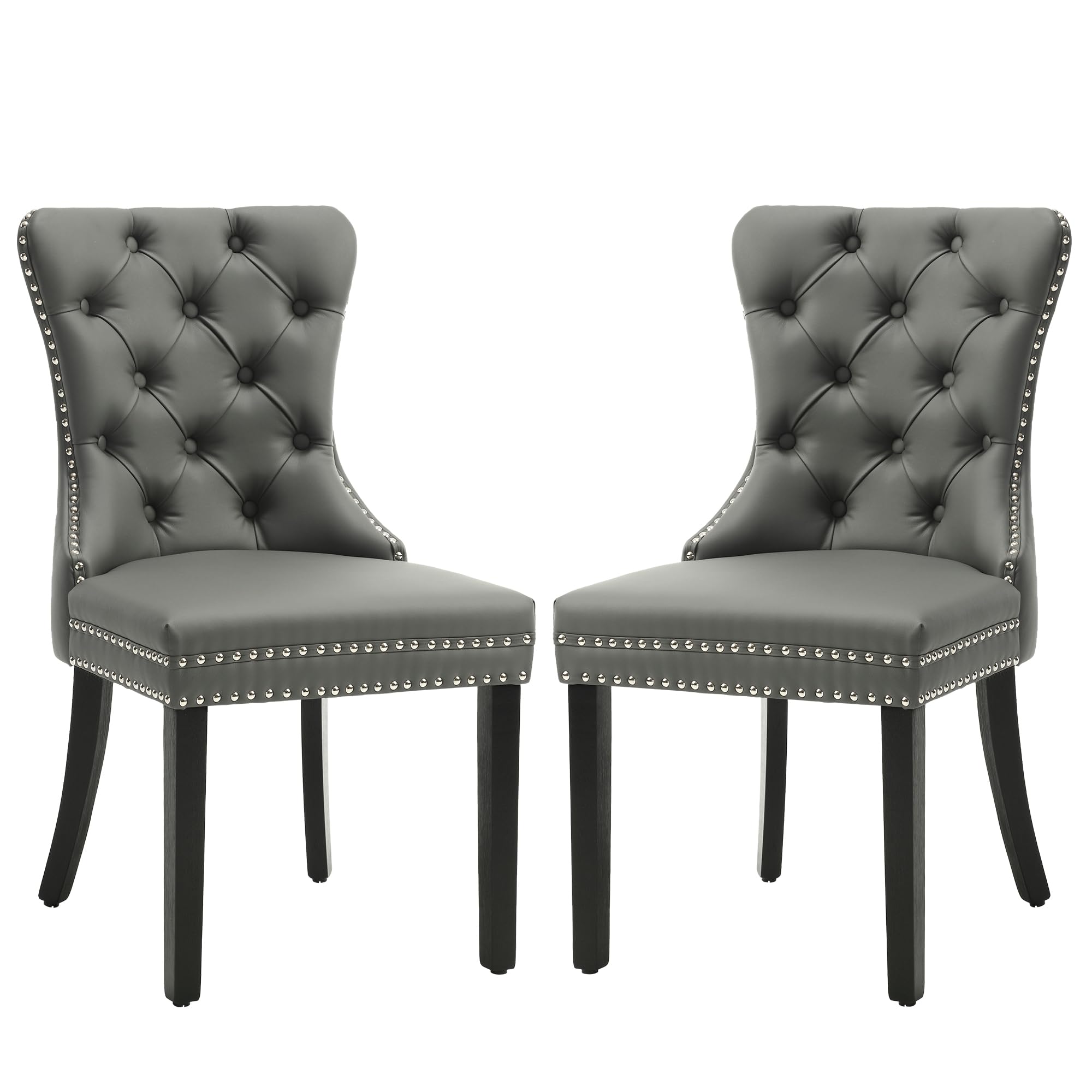 faux leather dining chair set of 2,upholstered dining room chair?gray | high-end tufted dining chairs with nailhead back ring pull trim solid wood legs, contemporary nikki collection for kitchen
