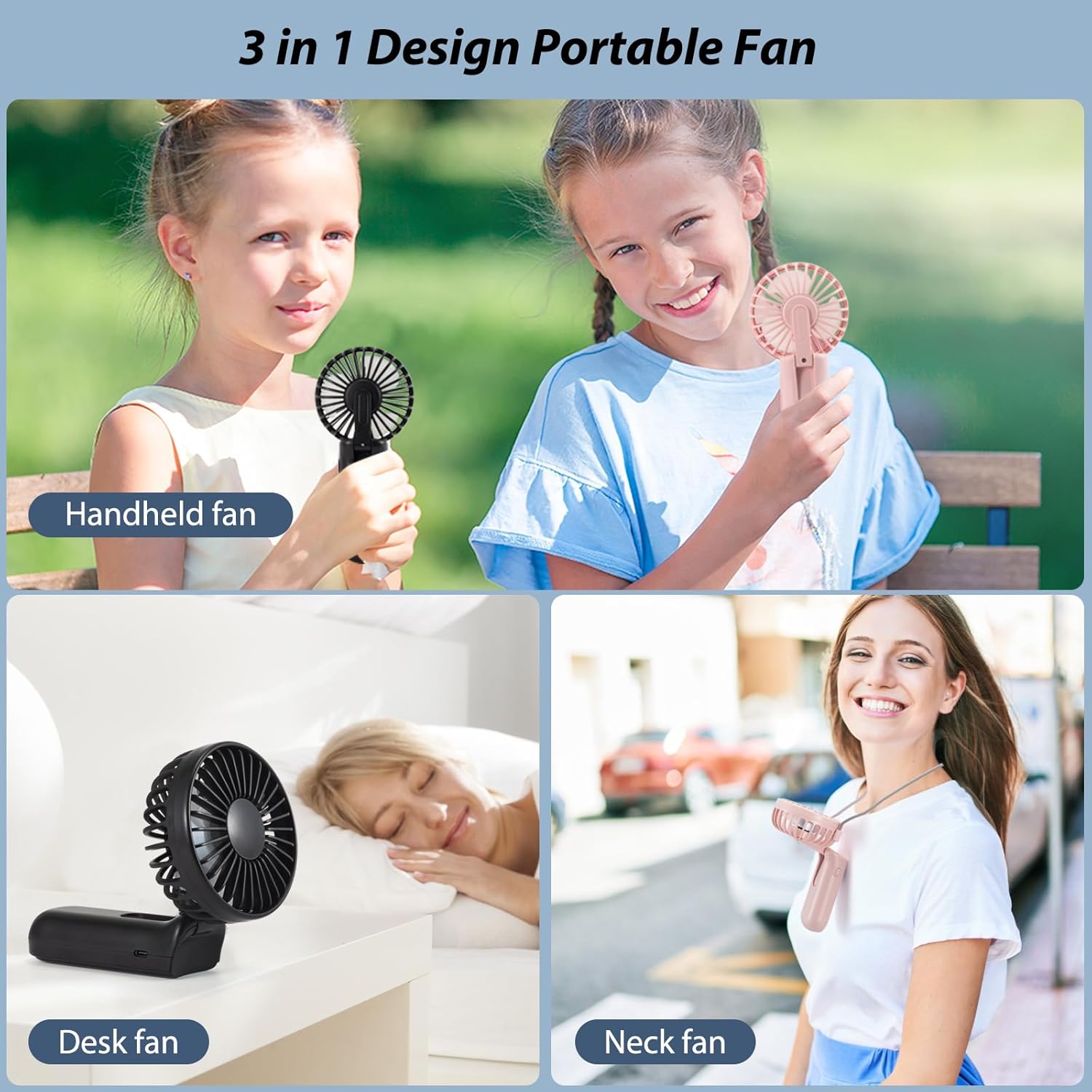 Leimaq Handheld Mini Fan, 2 Pack Handheld/Neck/Desk 3 in 1 Small Portable Fan USB Rechargeable, 3000mAh Battery Operated with LED Display, 180° Foldable with 5 Speed Wind (Black+Pink)