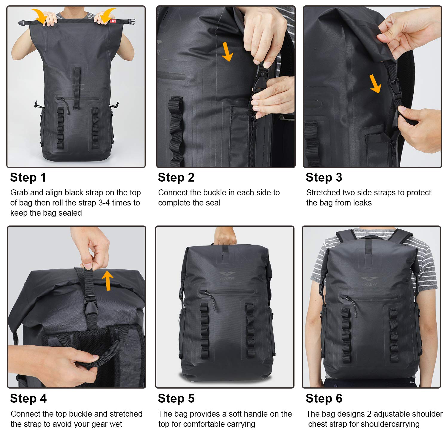 MIER Mochila Impermeable Dry Bag Resistente con Cierre Enrollable para Kayak, Playa, canotaje, natación, Surf, 30 L, Black, Bolsa Seca