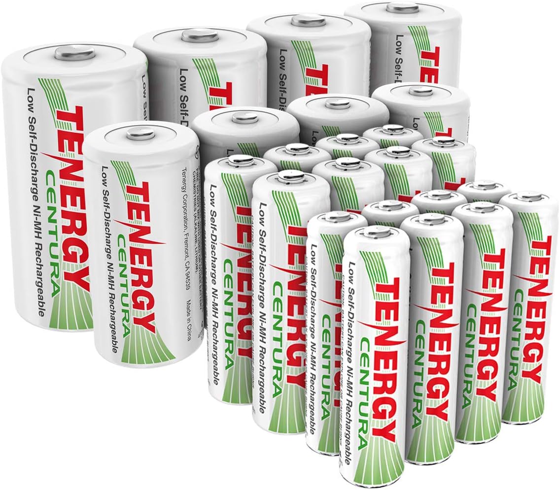 Tenergy Centura NiMH Paquete surtido de baterías recargables de baja autodescarga, incluye baterías recargables de tamaños AA AAA C D, paquete de 24