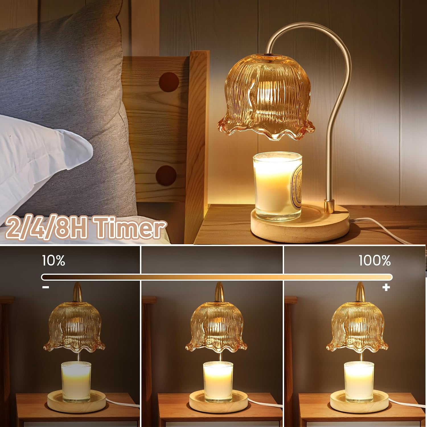 LABOREDUCER Candle Warmer Lamp with Timer, Dimmable Candle Warming Lamp for Jar Candles Scented Candles, Wax Melting Lamp with Amber Glass Shade, Flower Candle Warmer for Gift(2 Bulbs Included)