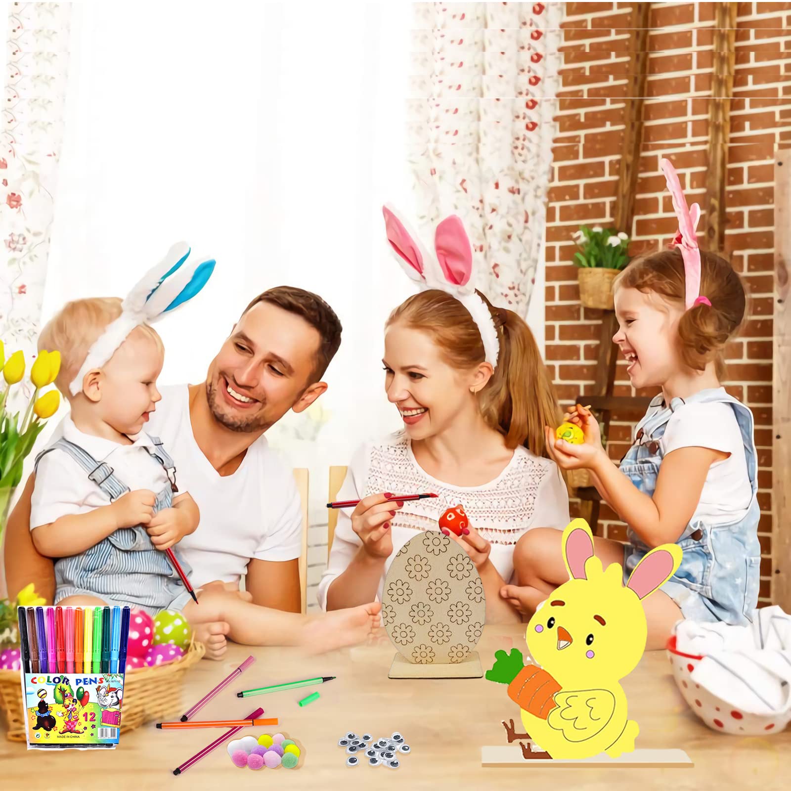 JOKILY Osterbastelset Aus Holz – 8 Hasen Zum Bemalen Mit Pompons Und Wackelaugen