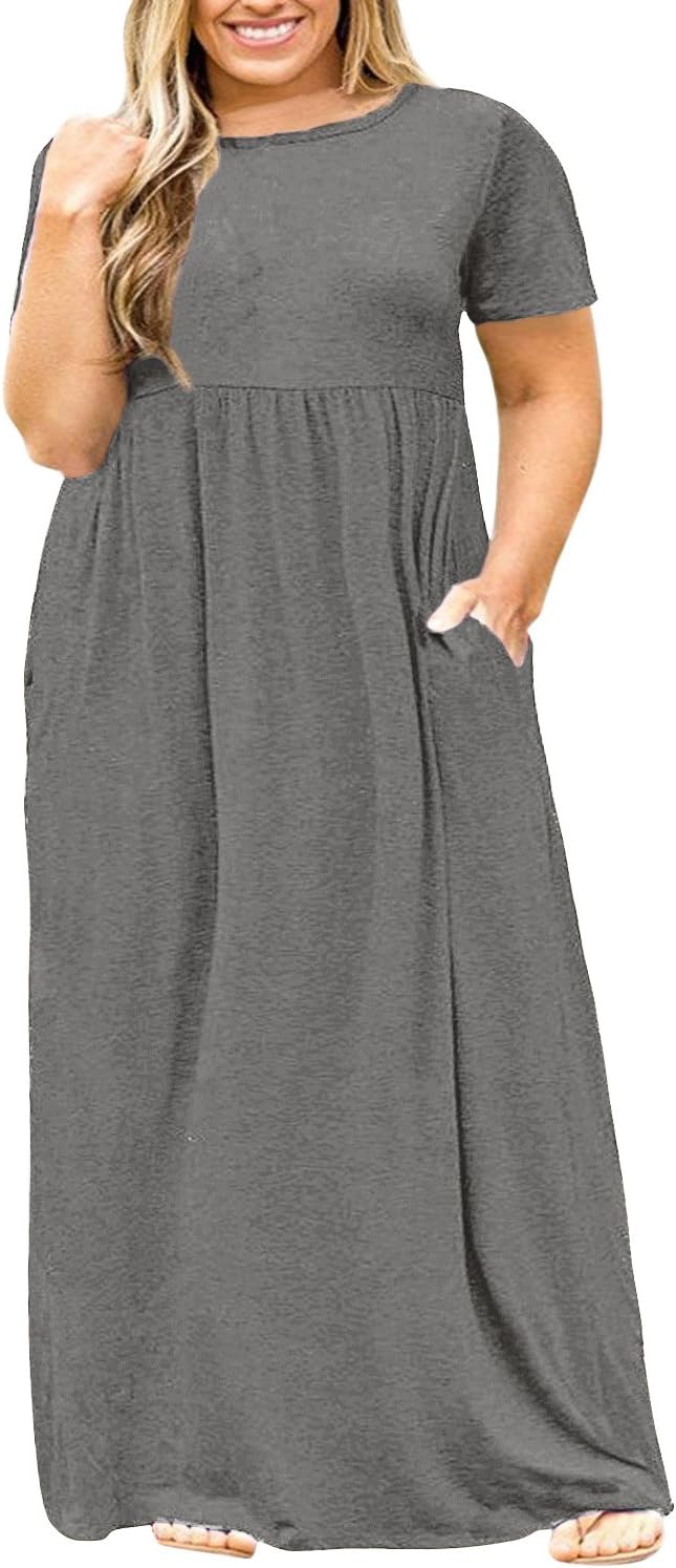 Nemidor Plus Size Maxi Dresses for Curvy Women Summer Casual Loose Short Sleeve Long Beach Dress with Pocket