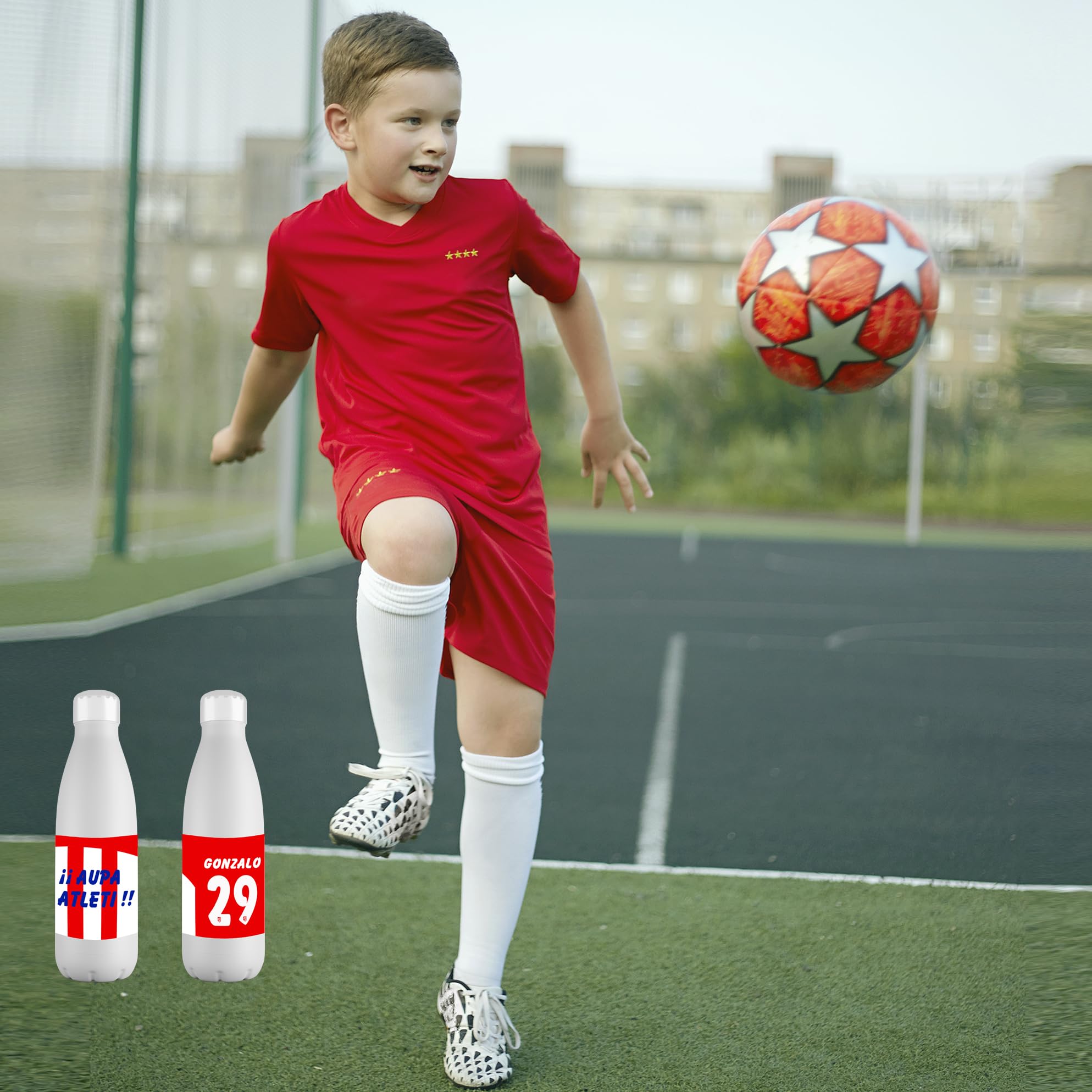 Botella Personalizada del Atletico Madrid con Nombre - Botella de Acero Inoxidable de 700 ml - Regalo Original para Niño y Niña