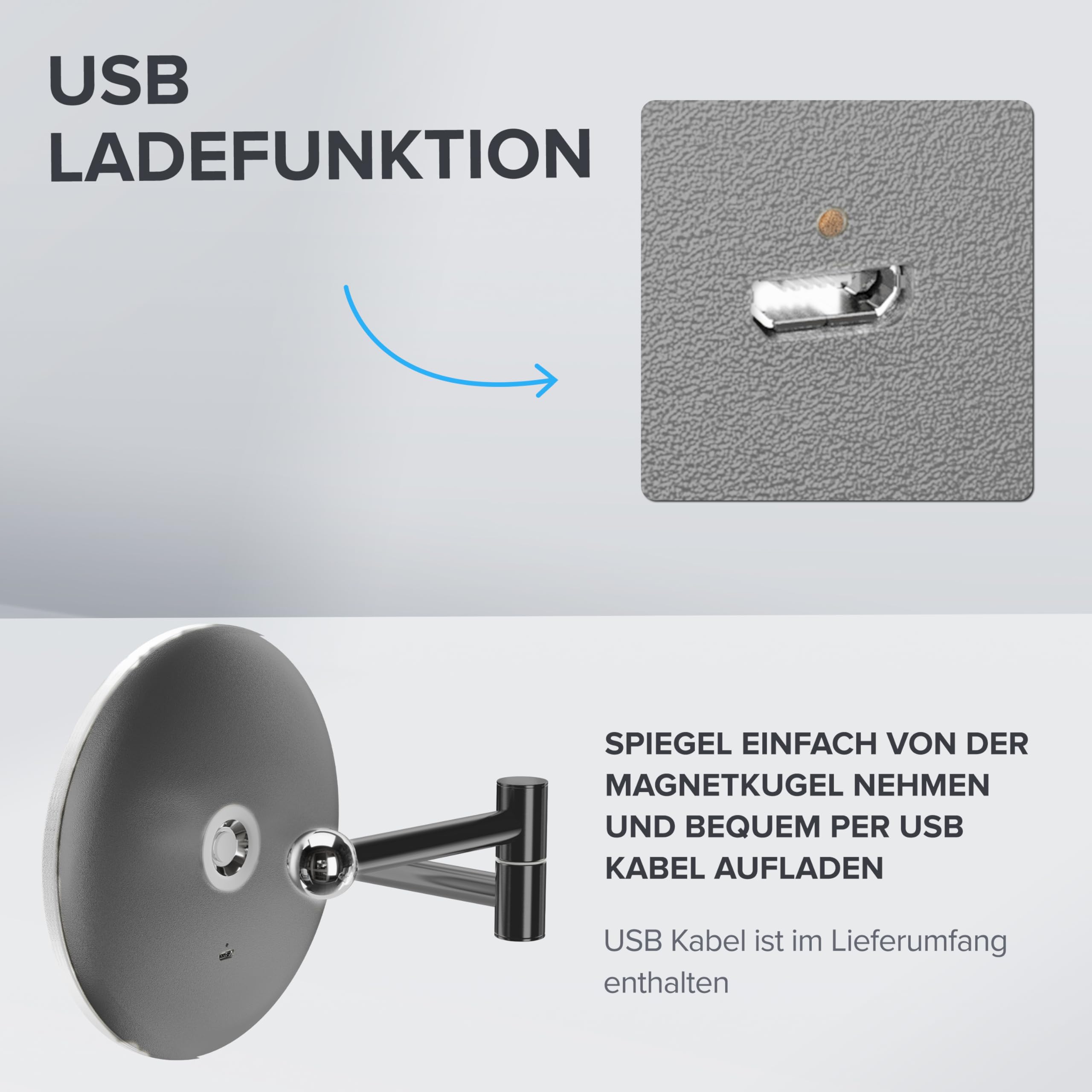 Ovimar Lusterko kosmetyczne Ringstind Gunmetal | z oświetleniem | ładowalne | montaż ścienny do wiercenia | do łazienki | 5-krotne lusterko powiększające | lusterko do makijażu ze światłem | lusterko