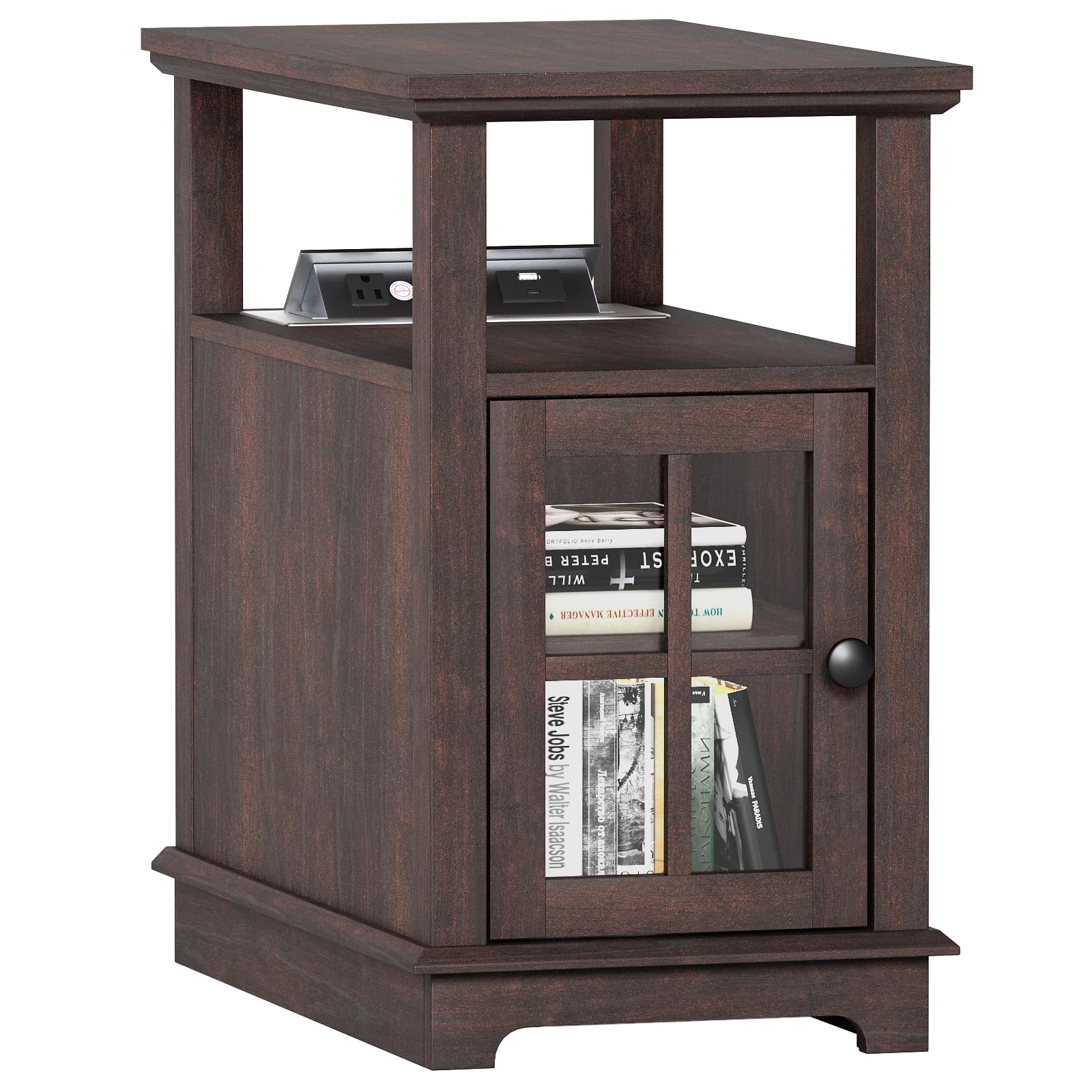 HIFYOBRO Narrow End Table with Flip Top Charging Station, Adjustable Shelf, Type-C & USB Port & Power Outlets, Side Table with Storage for Living Room/Bedroom/Home Office