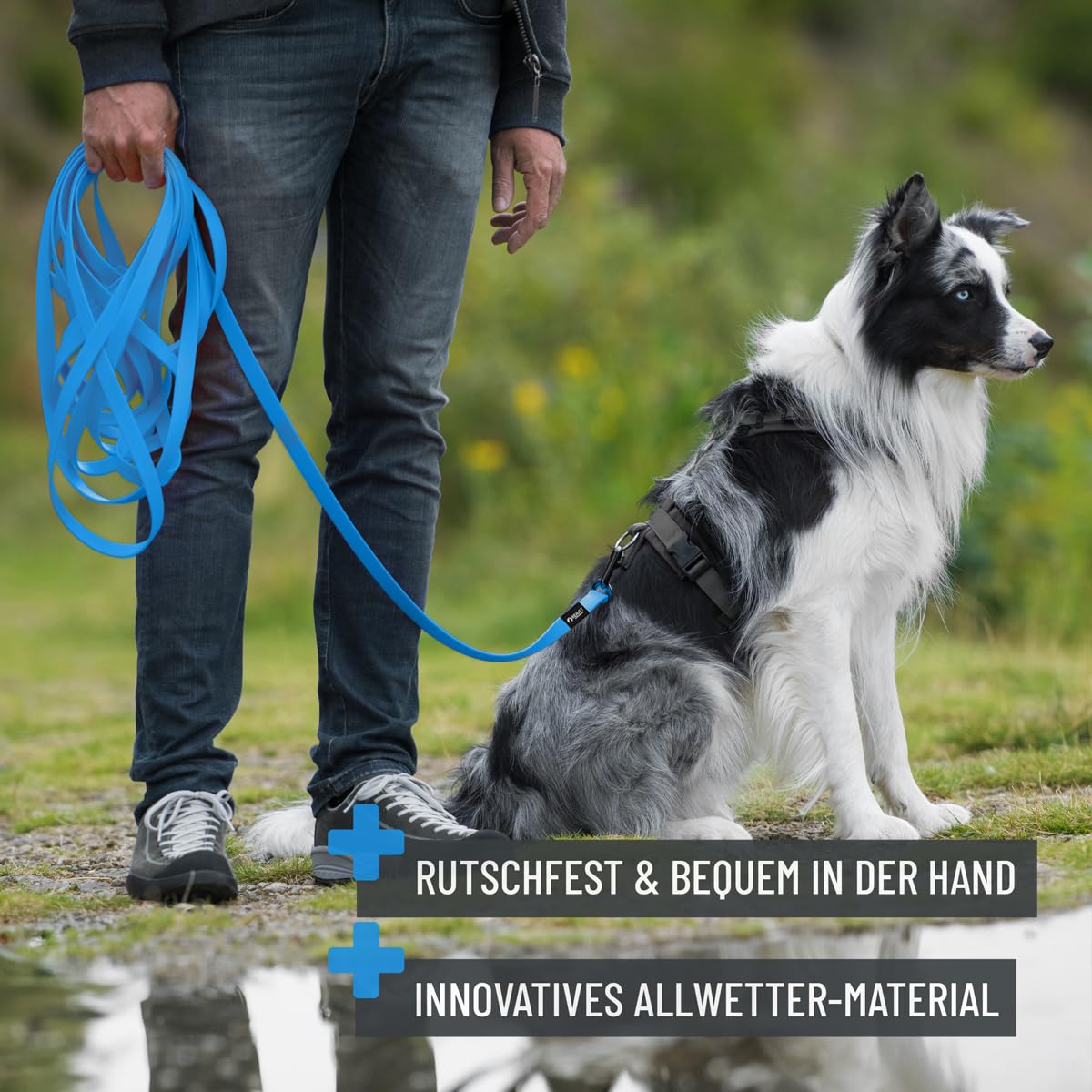 ReaVET Guinzaglio da traino per cani, 5 metri, blu, robusto e impermeabile, lungo, con manico, per cani grandi e piccoli