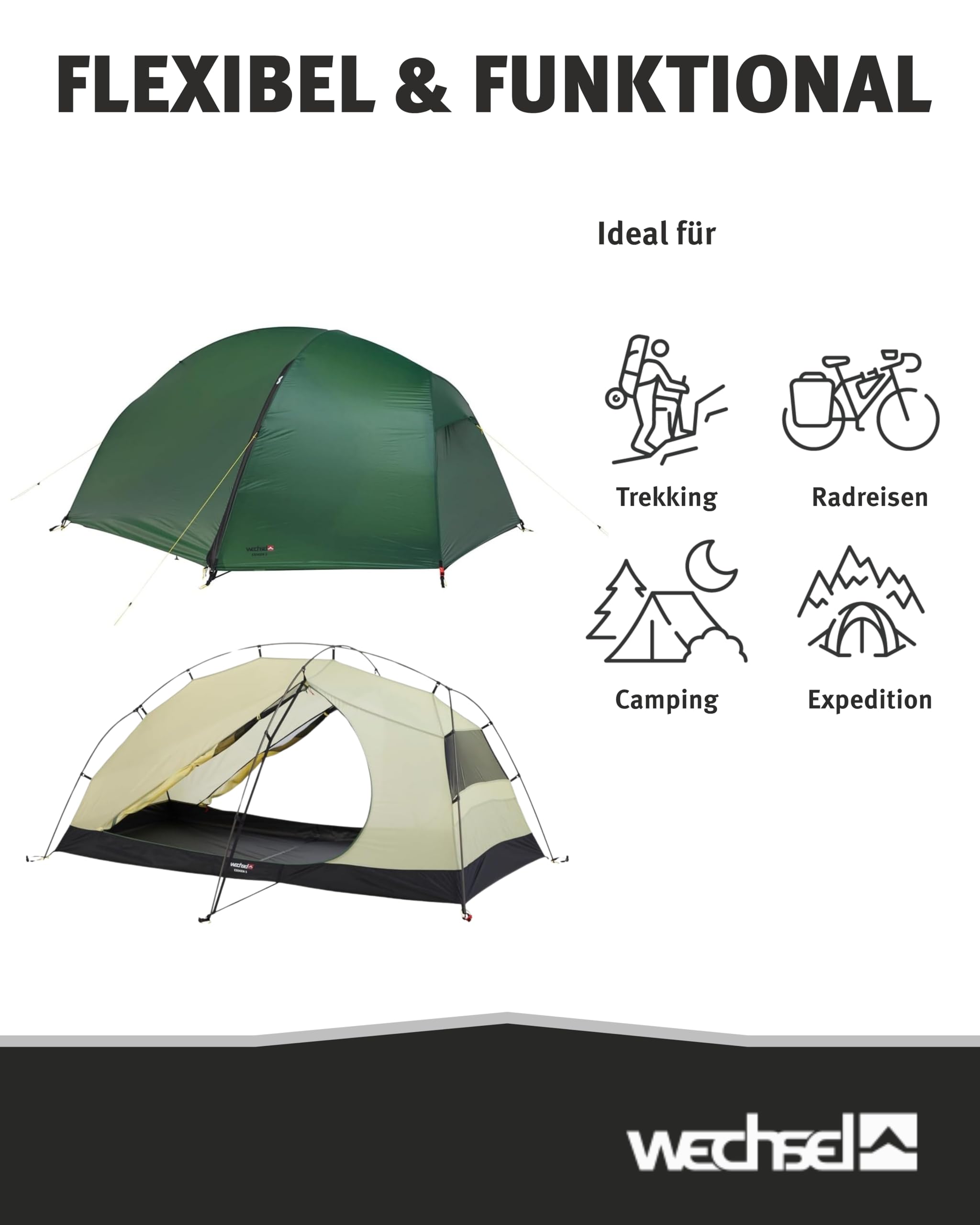 Wechsel Trekkingzelt Exogen 1/2 I Leichtgewichtszelt für 1 Person / 2 Personen I Ultraleicht-Zelt I kompakt, schnell aufbaubar & transportabel I Outdoor-Zelt für Camping, Wandern & Bike Packing