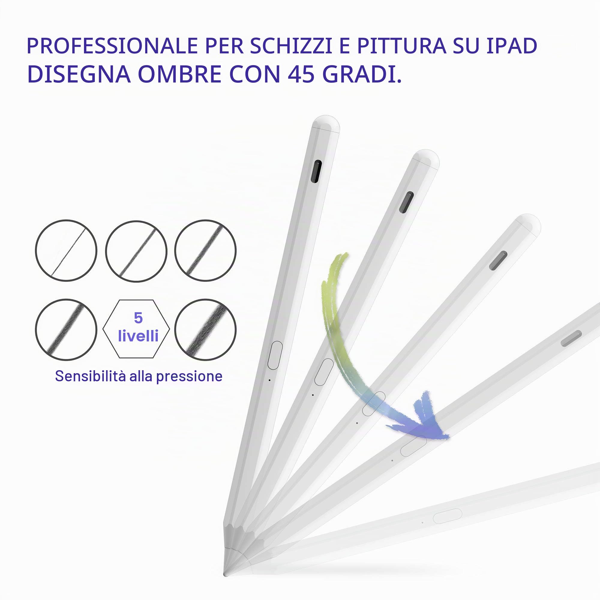 Penna Stylus KOKABI Per IPad Compatibile Con Modelli 2018-2022, Ricarica USB-C, Aggancio Magnetico, Inclinazione Sensibile, Rifiuto Del Palmo, Punta In Fibra Di Carbonio - 2