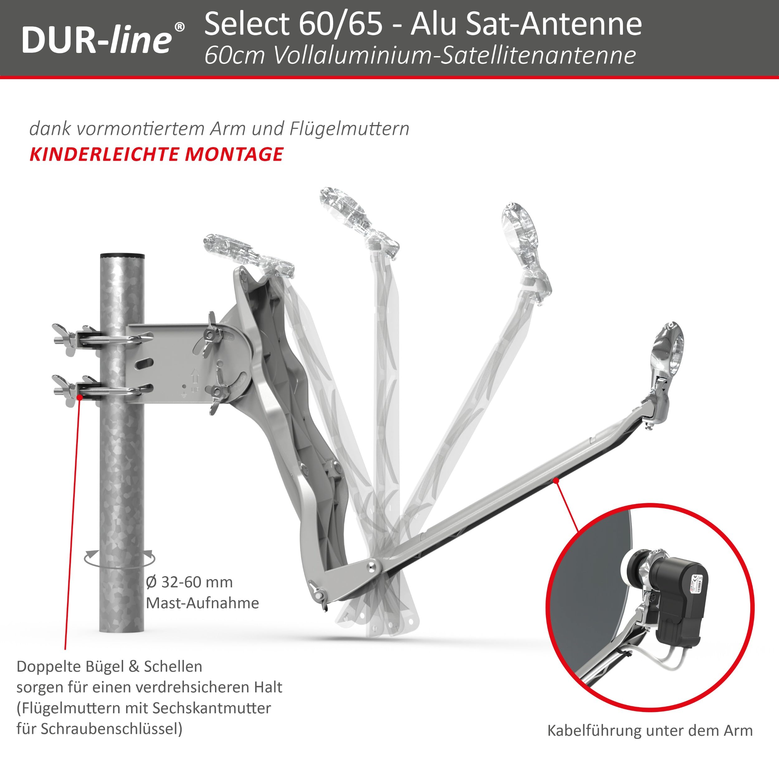 DUR-line 4 Teilnehmer Set Alu-Satelliten-Komplettanlage Select 60cm Spiegel Anthrazit Quad LNB DVB-S2 4K