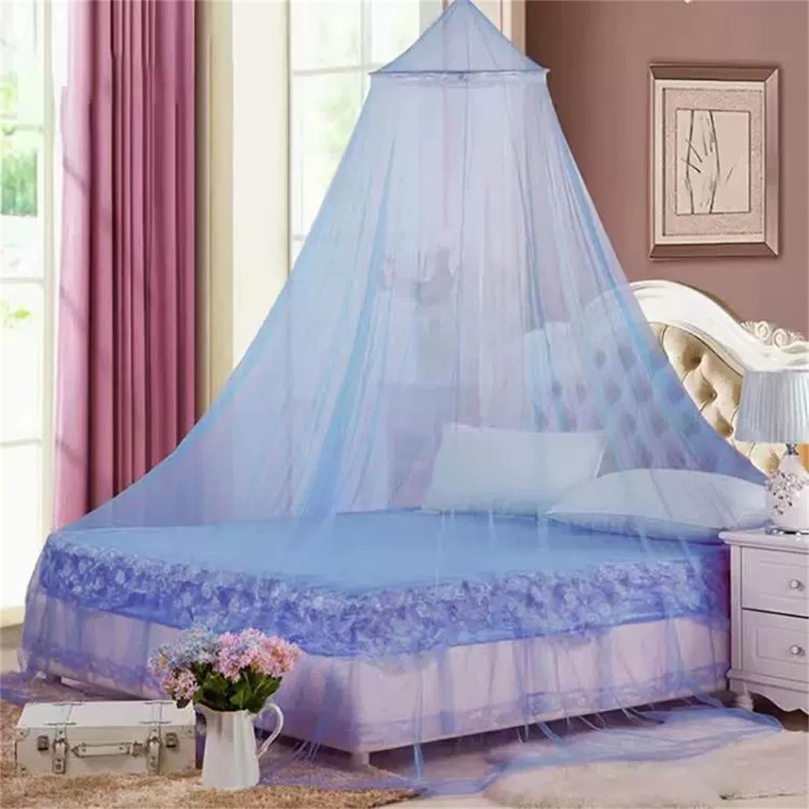 Mosquito Net Bed Canopy for Girls, White Canopy Bed Curtains Mosquito Netting Bed Tent Canopy for Bed Frame Hanging Princess Canopy Bedroom Decor Twin Full Queen King Size Bed for Home (Blue)
