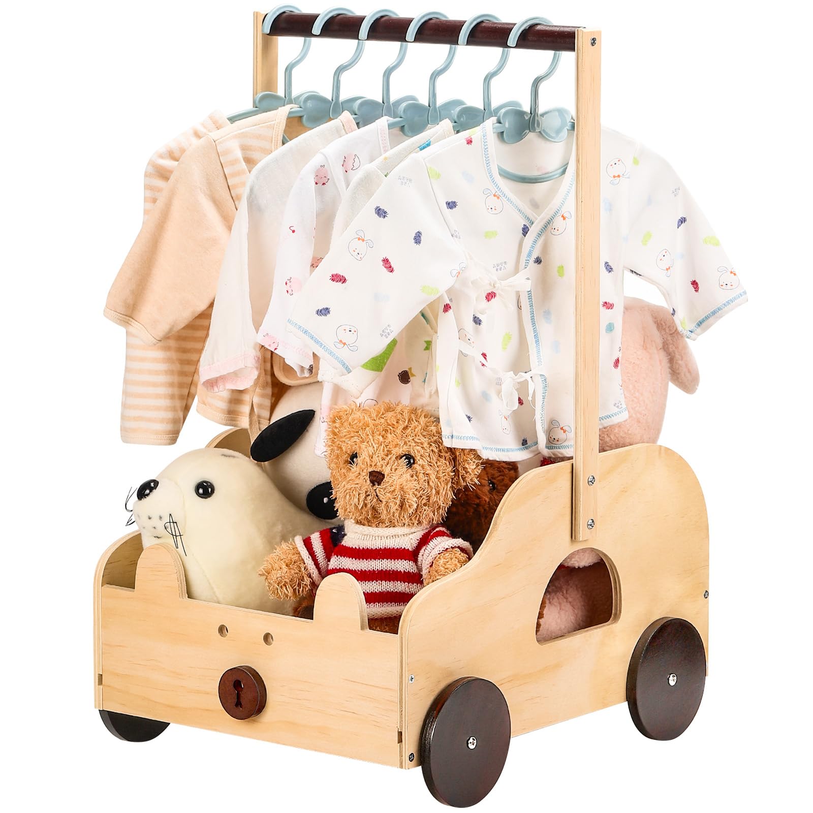 ONUEMP Holz Babykorb mit Bärendesign, Aufbewahrungsbox mit Rollen und Griff, 40x30x58cm, Personalisierbare Geschenkkiste für Babyparty, Naturholz