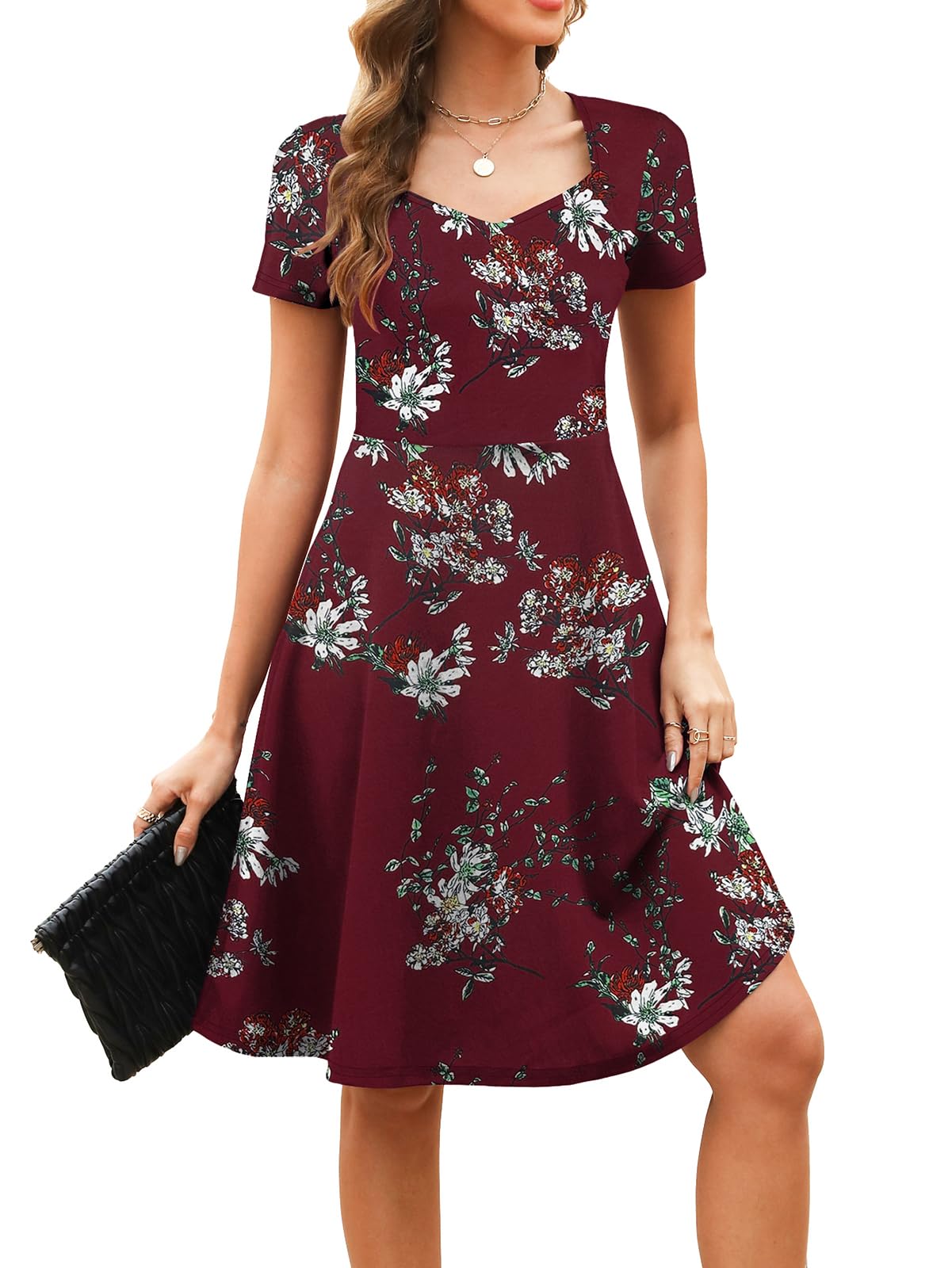 Women's Elegant Vintage Summer Sweetheart Neck Short Sleeve Casual Work Party Business A-Line Dress 163: X-Large Burgundy Floral