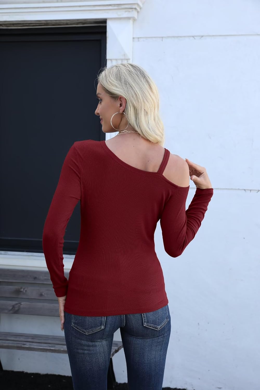VICHYIE Womens Sexy Asymmetrical Neck Long Sleeve Cold Shoulder Shirts Ribbed Knit Slim Fitted Trendy Fashion Tops - Image 2