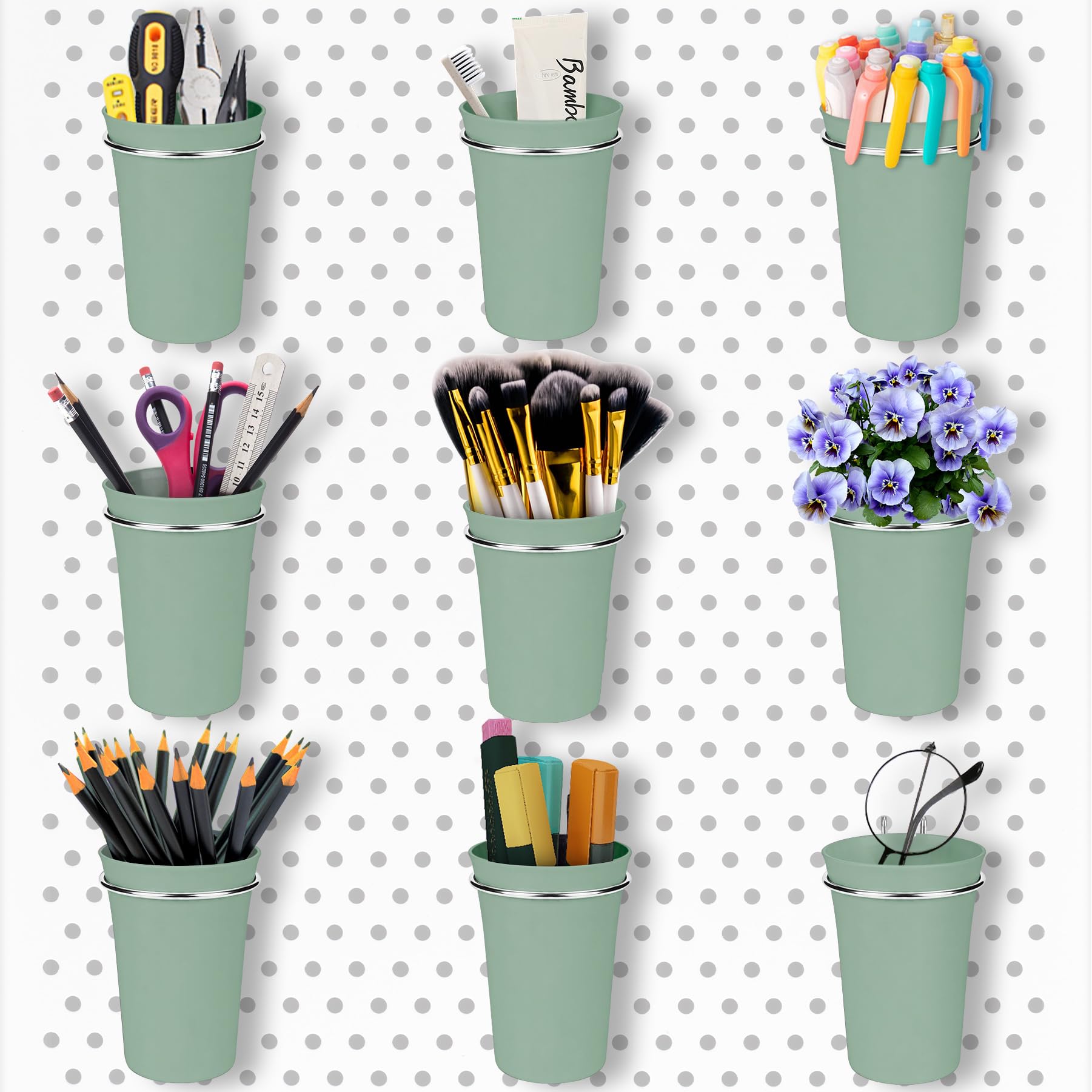 G.CORE 9-Pack PegBoard Cups with Loops, Peg Board Hooks Assortment Organizer Accessory, Various Tools Storage Arrange Kit for Garage Craft Workshop Workbench Hobby (Matcha Green)