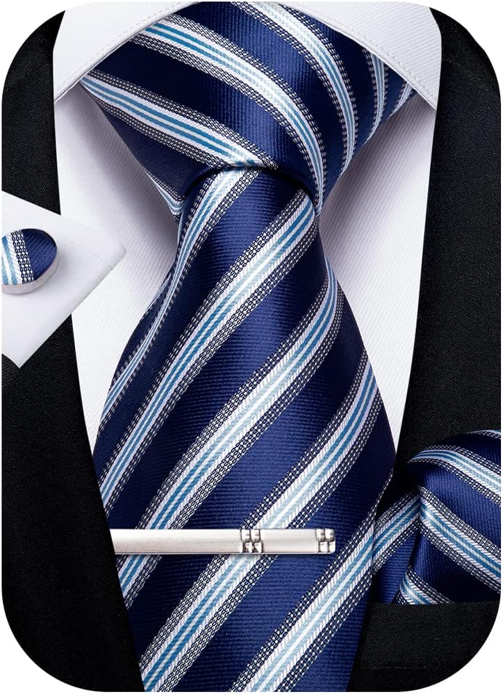 DiBanGu Mens Striped Tie Silk Woven Necktie and Pocket Square Cufflinks Tie Clip Set Wedding Business Formal Gift Tie for Men