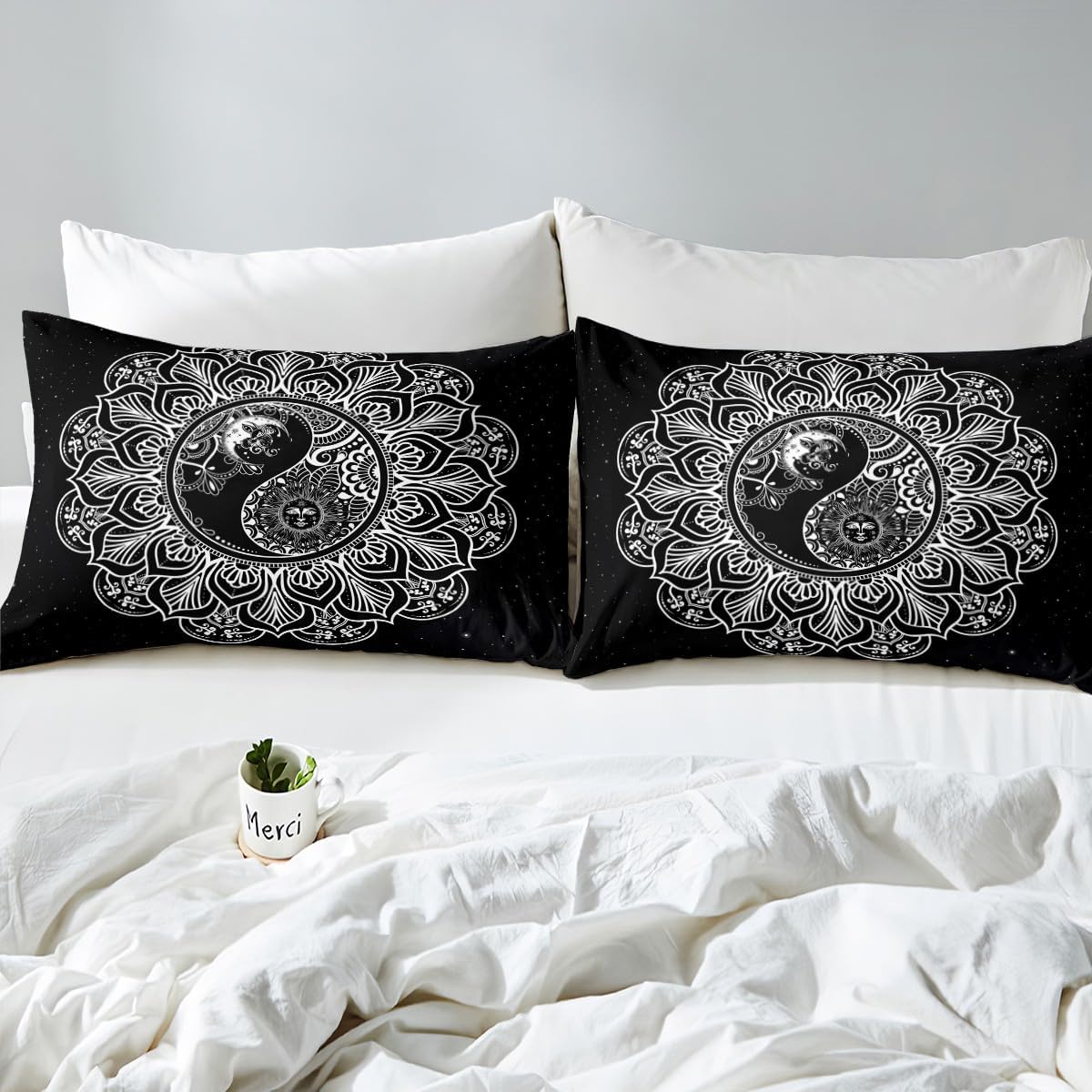 Yin Yang Comforter Cover, Mandala Bohemian Bedding Sets, Sun Moon Duvet Cover, Retro Lotus Egyptian Exotic Starry Sky Quilt Cover for Adult Bedroom Decor With 2 Pillow Shams King Size White Black image 4