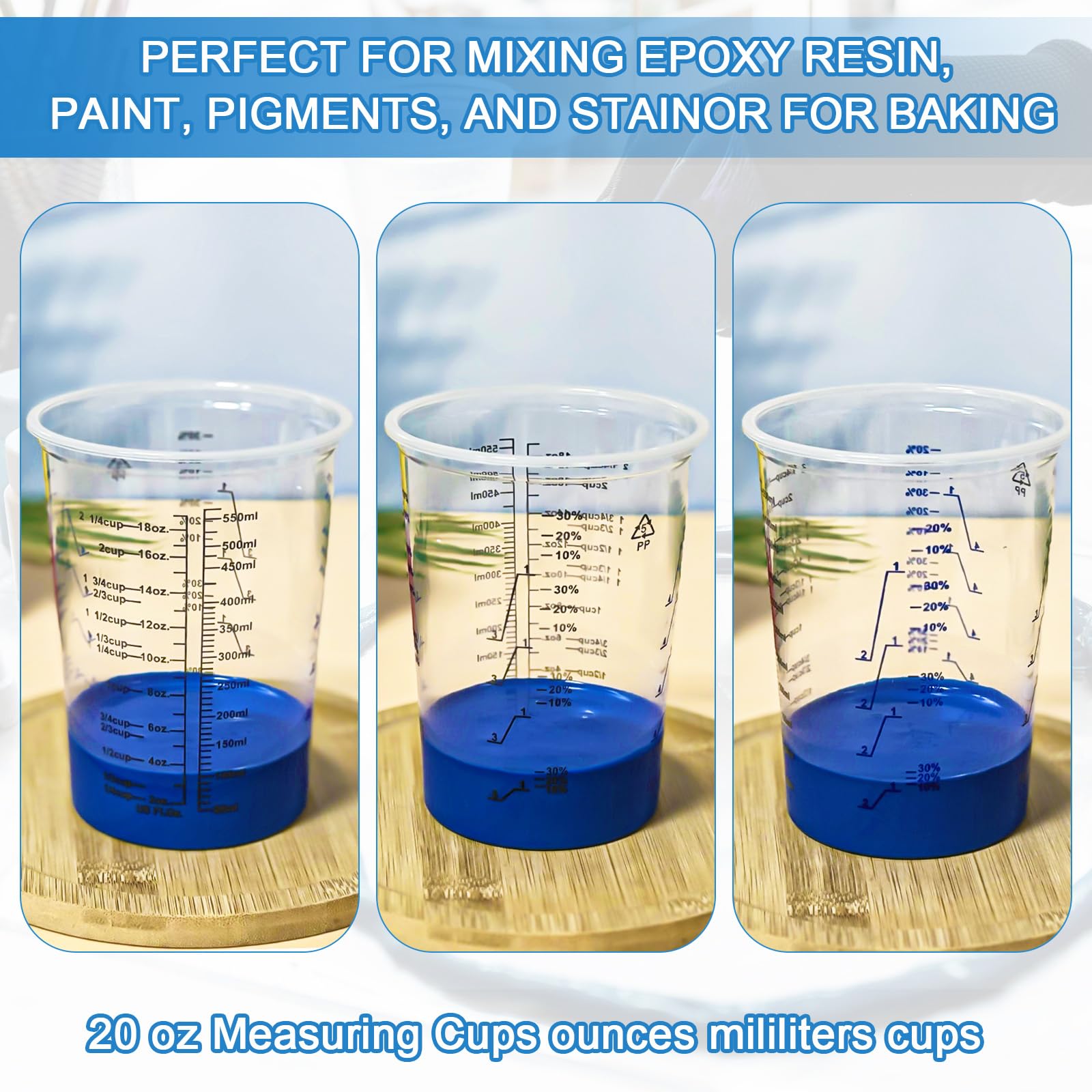 Paquete de 50 tazas medidoras de plástico para líquidos de 20 onzas (600 ml), vasos desechables para mezcla de pintura para resina epoxi, tazas medidoras desechables para resina, relaciones de