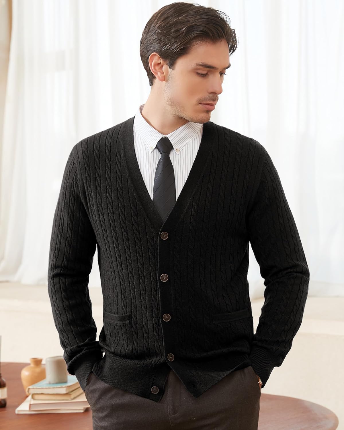 Kallspin Men's Cardigan Sweater Wool Blend Cable Knit V Neck Buttons Cardigan with Pockets - Image 2