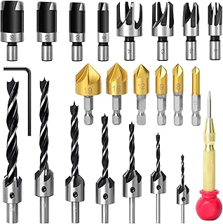 23pcs Woodworking Chamfer Drilling Tool, 8pcs Wood Plug Cutter Drill, 7pcs Three Pointed Countersink Drill Bit with L-Wrench, 6pcs 1/4" Hex 5 Flute 90 Degree Countersink Drill Bits.