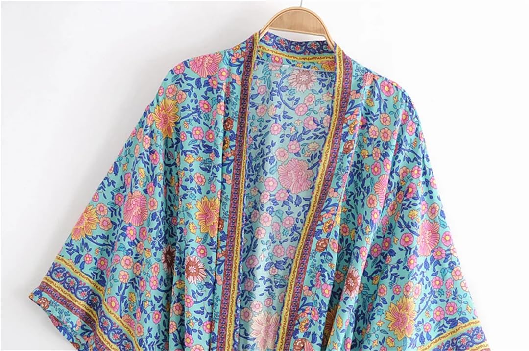 Disimlarl Bata kimono bohemio con estampado floral para mujer, manga de murciélago, para playa, fajas de rayón, verano, bikini, para ropa de playa